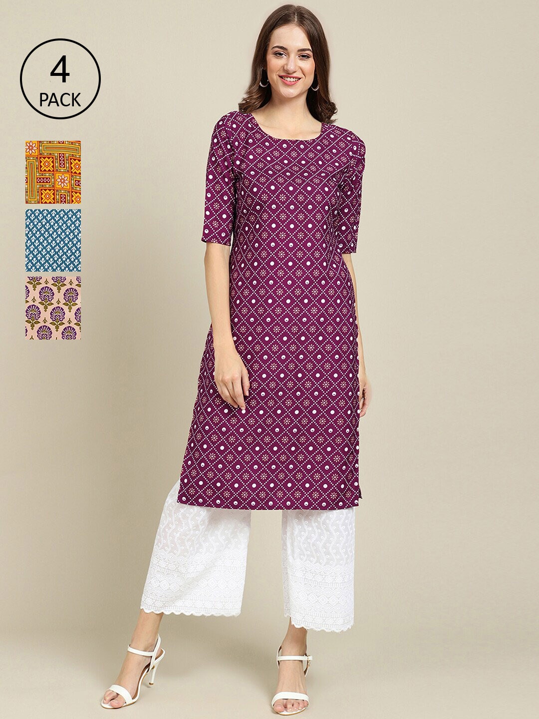 Ethnic basket Set of 4 Stylish Women's Crepe Printed Block Print Straight Kurta, Purple
Ethnic basket Set of 4 Stylish Women's Crepe Printed Block Print Straight Kurta, Purple