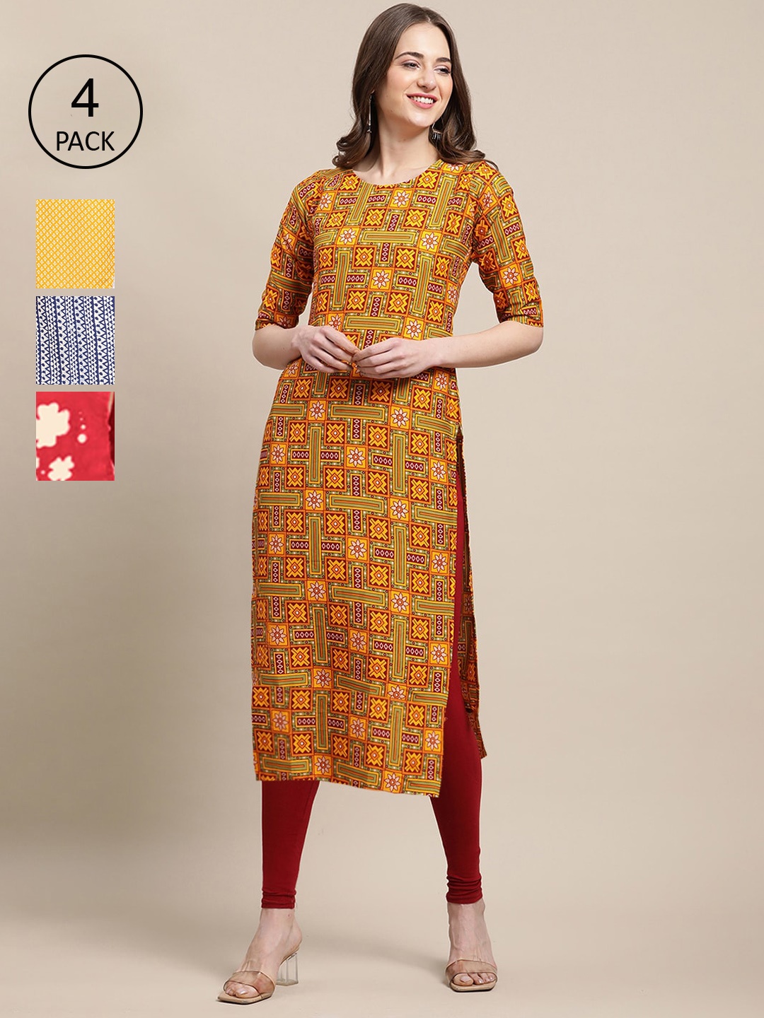 Ethnic basket Set of 4 Stylish Women's Crepe Printed Block Print Straight Kurta, Yellow
Ethnic basket Set of 4 Stylish Women's Crepe Printed Block Print Straight Kurta, Yellow