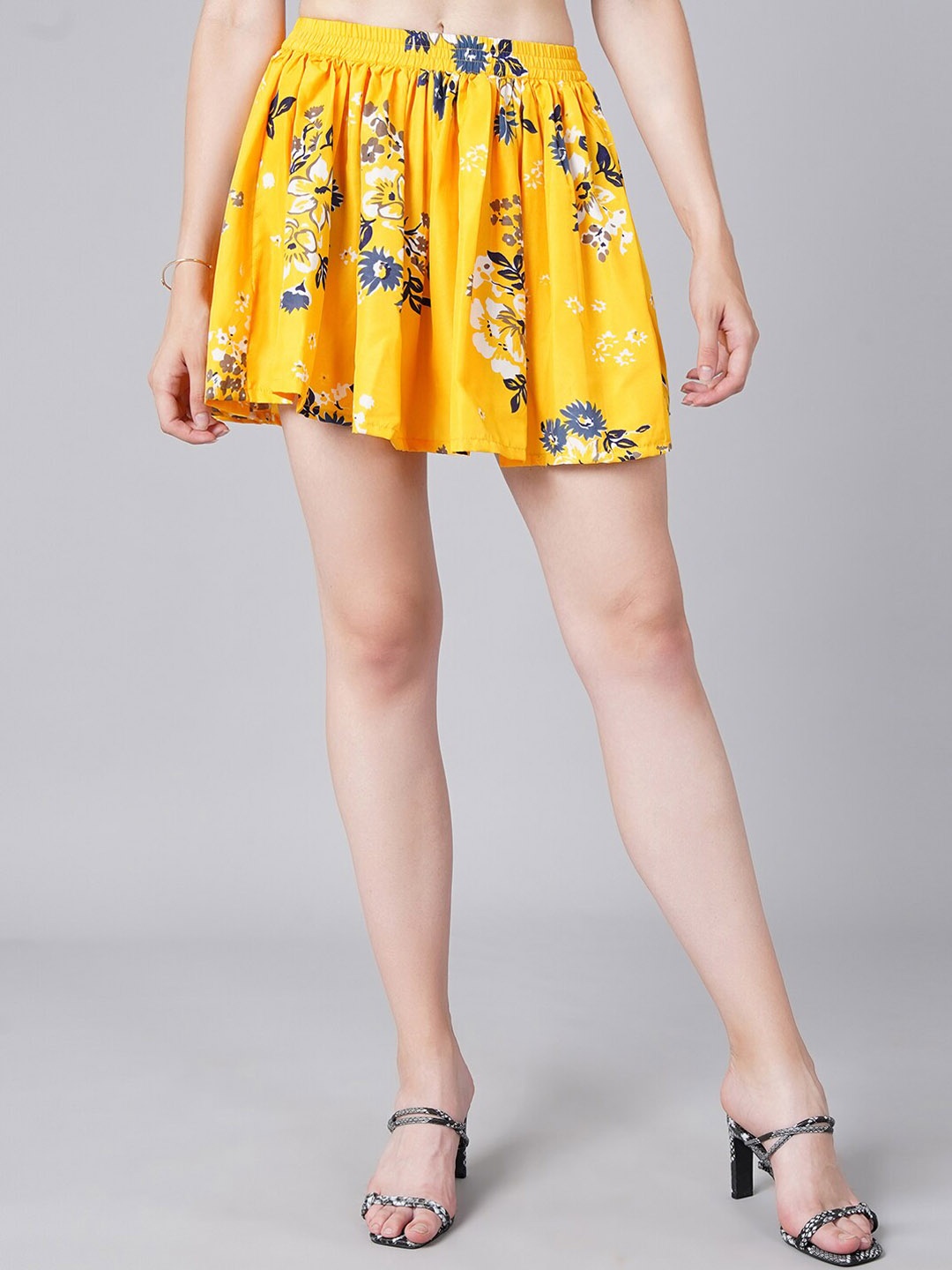 Cation Women Yellow Printed Flared Mini Skirts