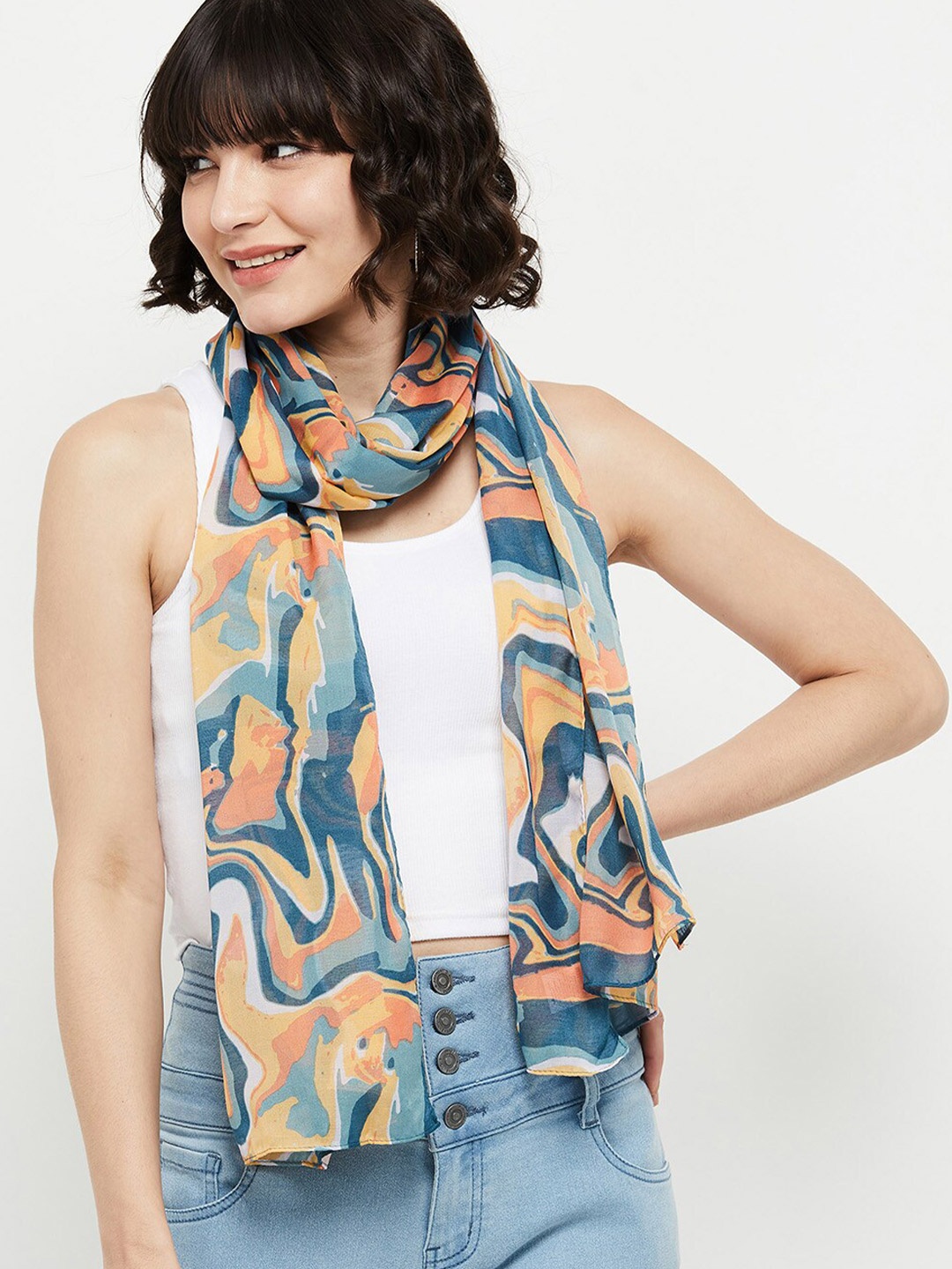 max Women Printed Polyester Scarf, Blue