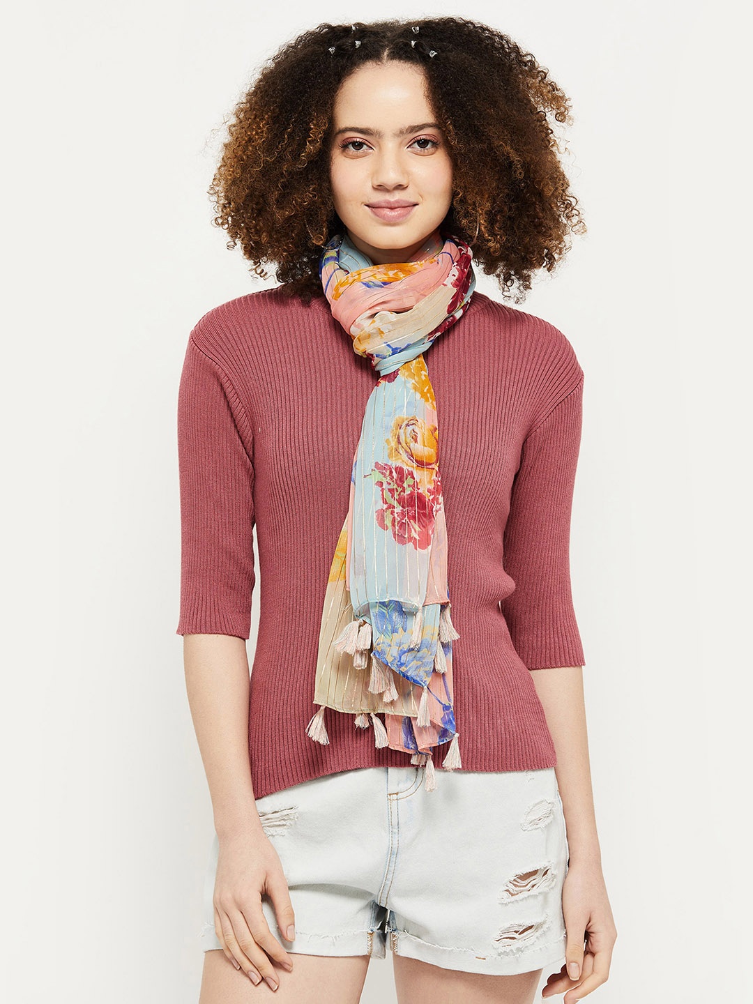 max Women Striped Polyester Scarf, White