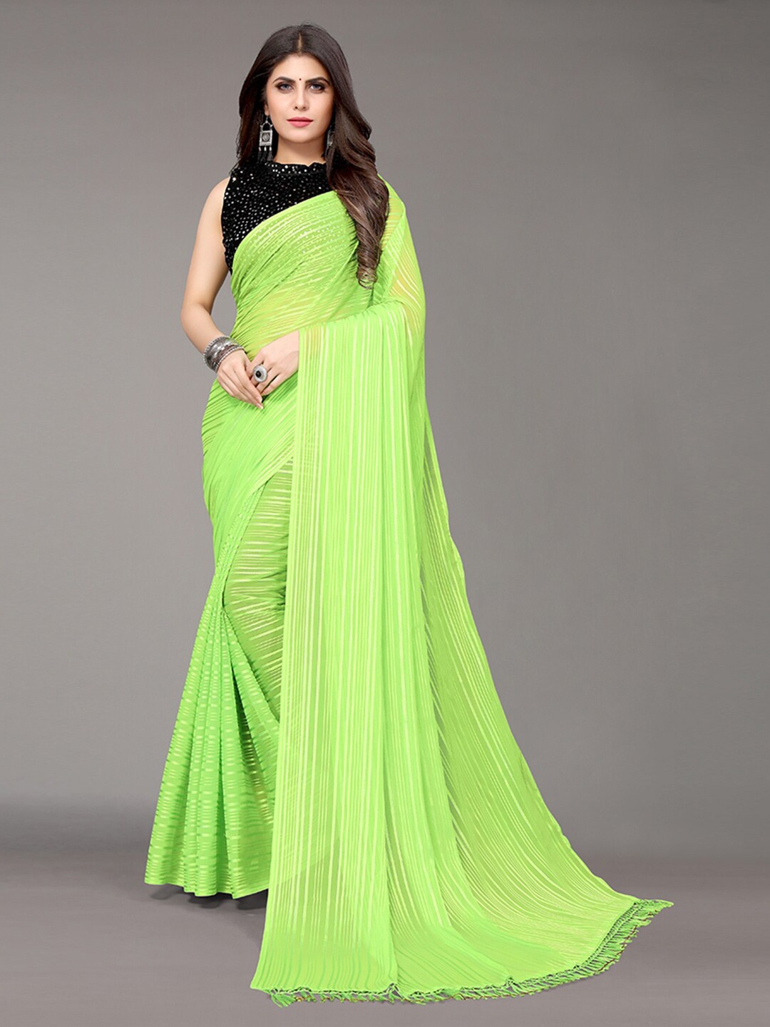 KALINI Lime Green Striped Satin Saree