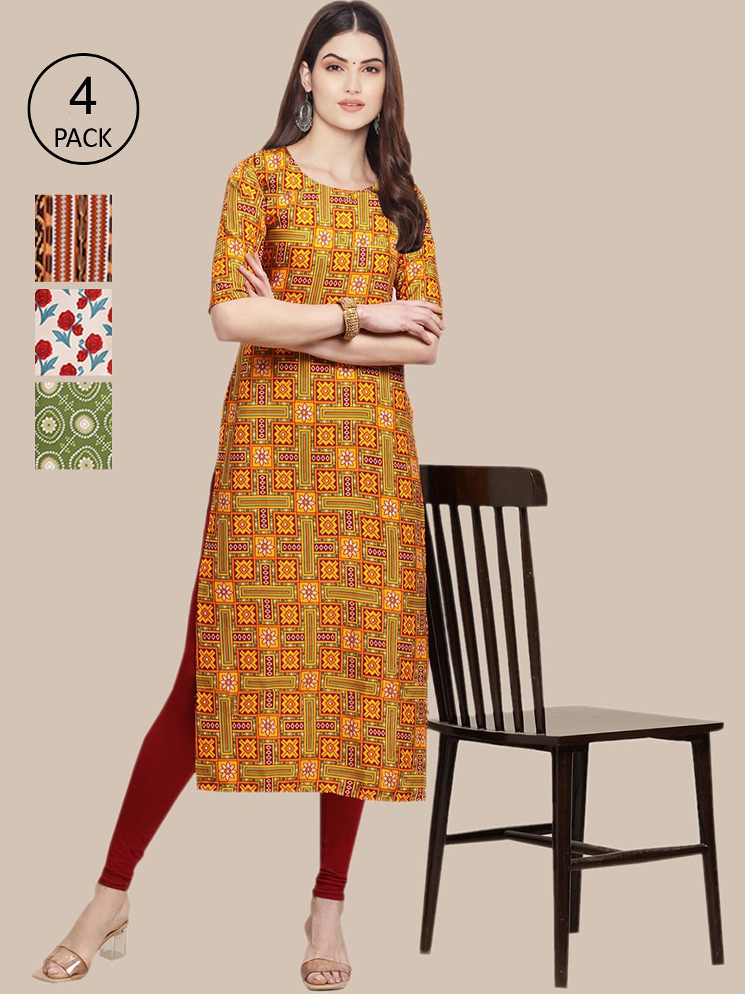 Ethnic basket Set of 4 Stylish Women's Crepe Printed Block Print Straight Kurta, Multi
Ethnic basket Set of 4 Stylish Women's Crepe Printed Block Print Straight Kurta, Multi