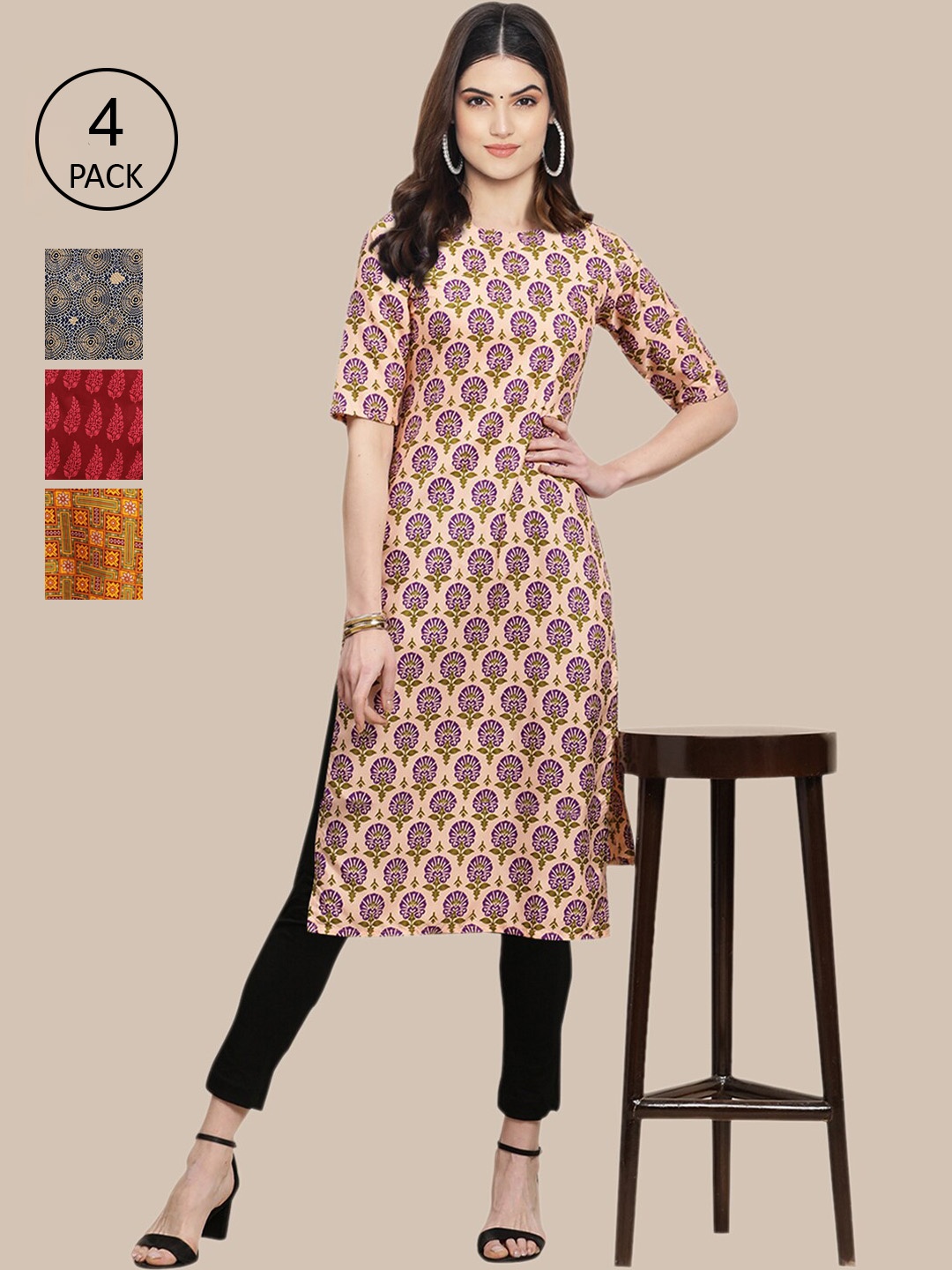 Ethnic basket Set of 4 Stylish Women's Crepe Printed Block Print Straight Kurta, Multi
Ethnic basket Set of 4 Stylish Women's Crepe Printed Block Print Straight Kurta, Multi