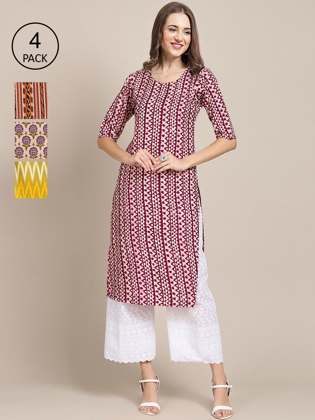 Ethnic basket Women Pack Of 4 Pink & Cream-Coloured Ethnic Motifs Printed Crepe Kurta
Ethnic basket Women Pack Of 4 Pink & Cream-Coloured Ethnic Motifs Printed Crepe Kurta