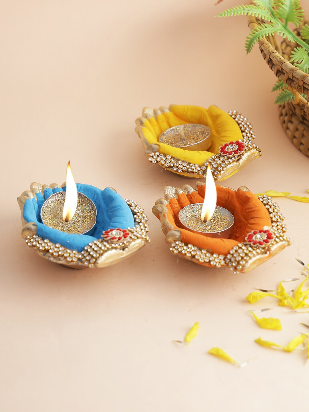 Aapno Rajasthan Set Of 3 Hand Shape Diyas with Tealights, Yellow