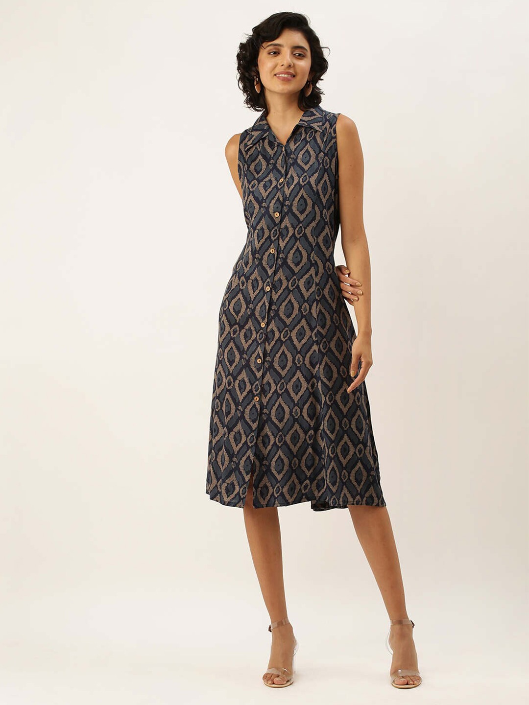 ZOLA Navy Blue & Beige A-Line Midi Dress
