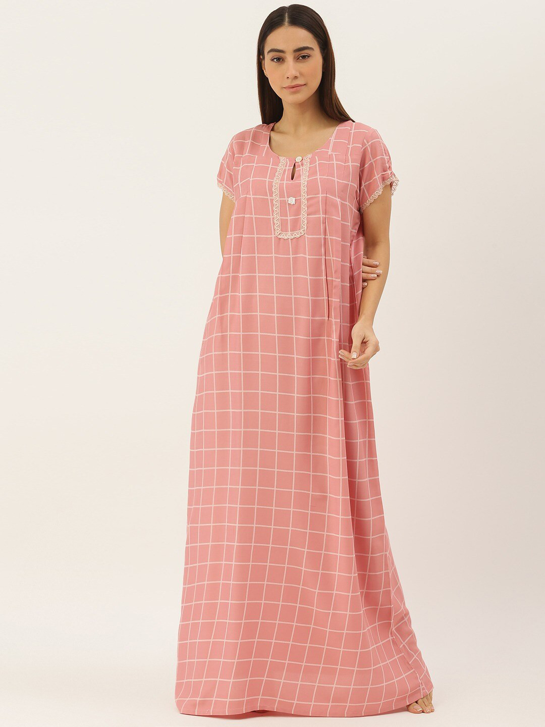 Sweet Dreams Checked Maxi Nightdress, Peach 
Sweet Dreams Checked Maxi Nightdress, Peach