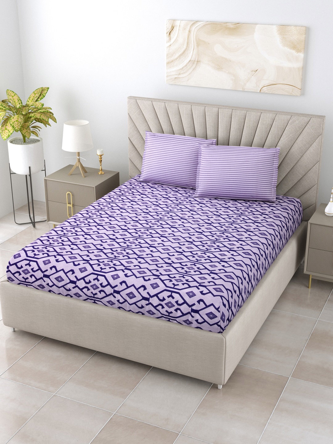Home Fresh Purple & Blue Geometric 100% Cotton 144 TC Queen Bedsheet with 2 Pillow Covers
Home Fresh Purple & Blue Geometric 100% Cotton 144 TC Queen Bedsheet with 2 Pillow Covers