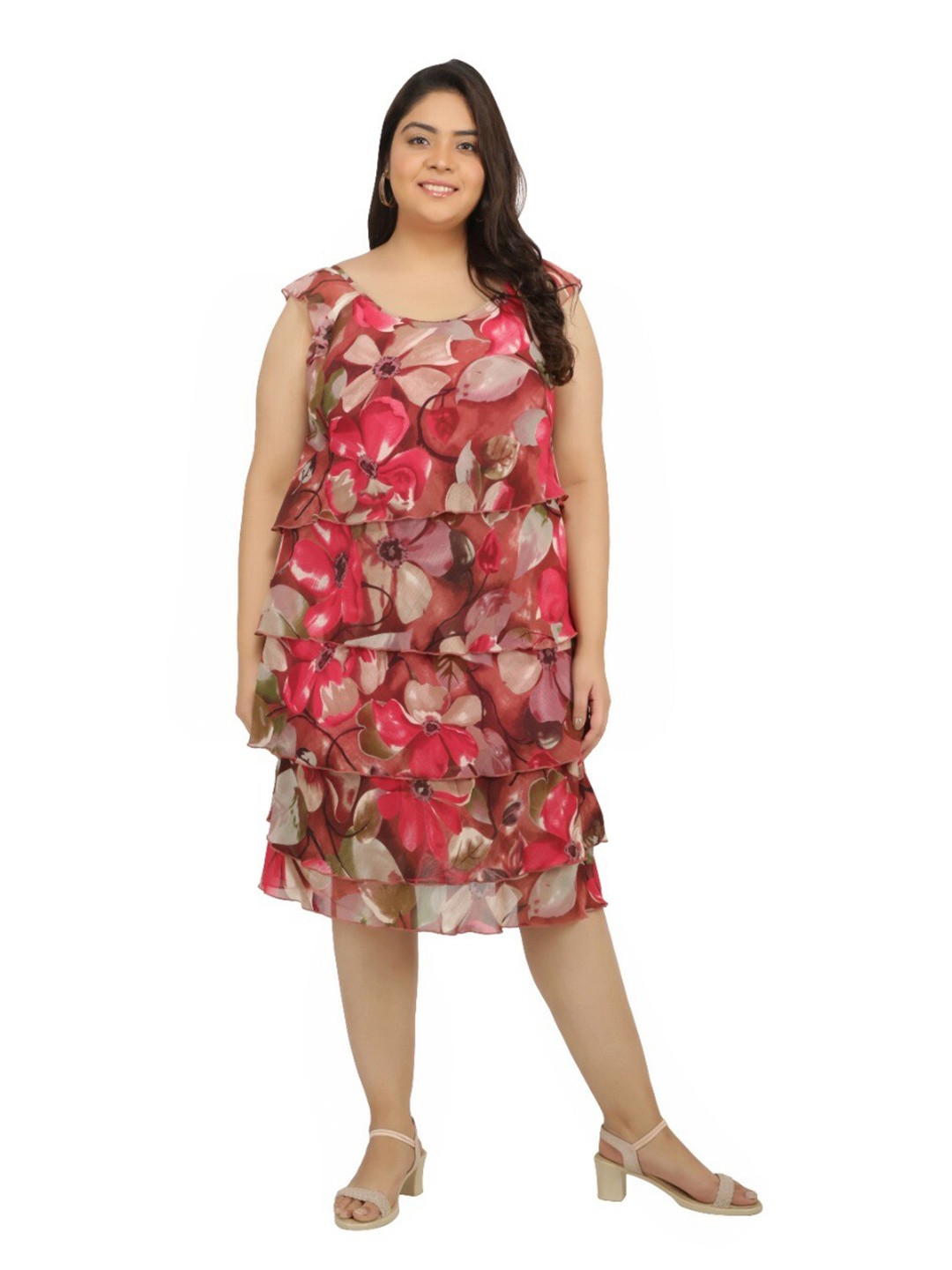 TSM Red Plus Size Printed Floral Layered Georgette A-Line Dress