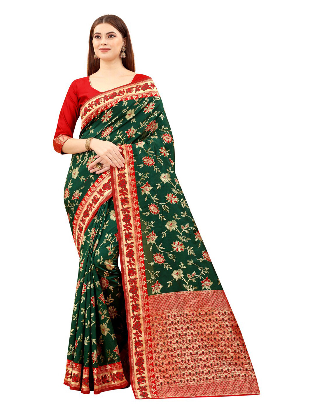 MOKSHA DESIGNS Green & Red Floral Zari Pure Silk Kanjeevaram Saree 
MOKSHA DESIGNS Green & Red Floral Zari Pure Silk Kanjeevaram Saree