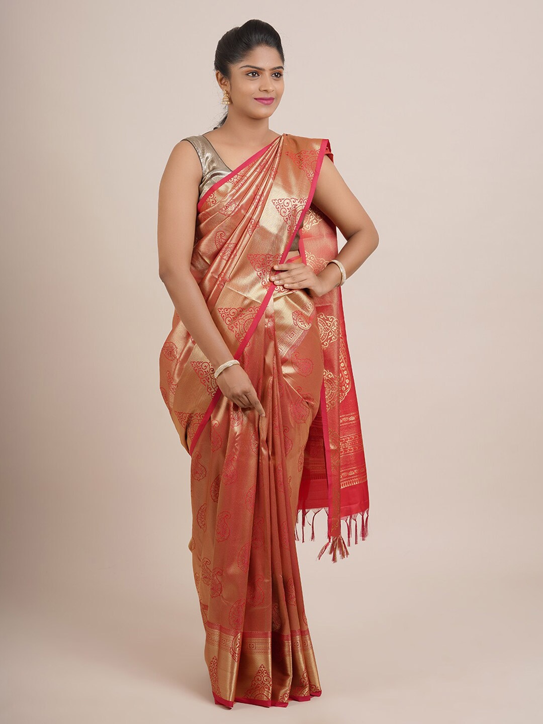 Pothys Red & Gold-Toned Paisley Zari Pure Silk Saree