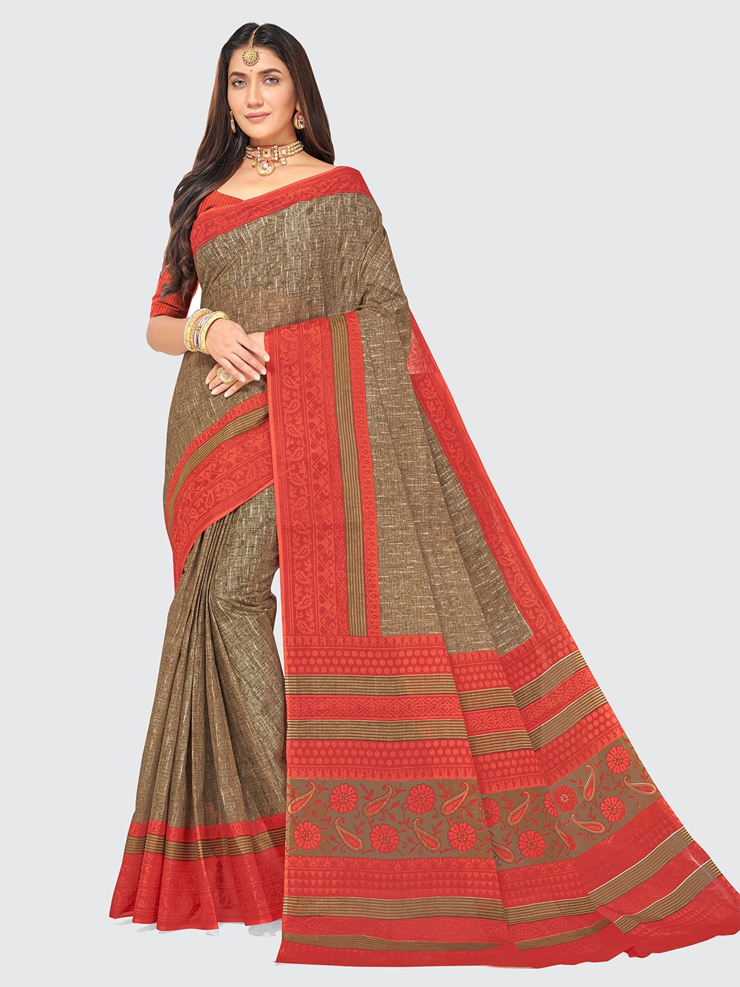 SHANVIKA Beige & Orange Pure Cotton Saree