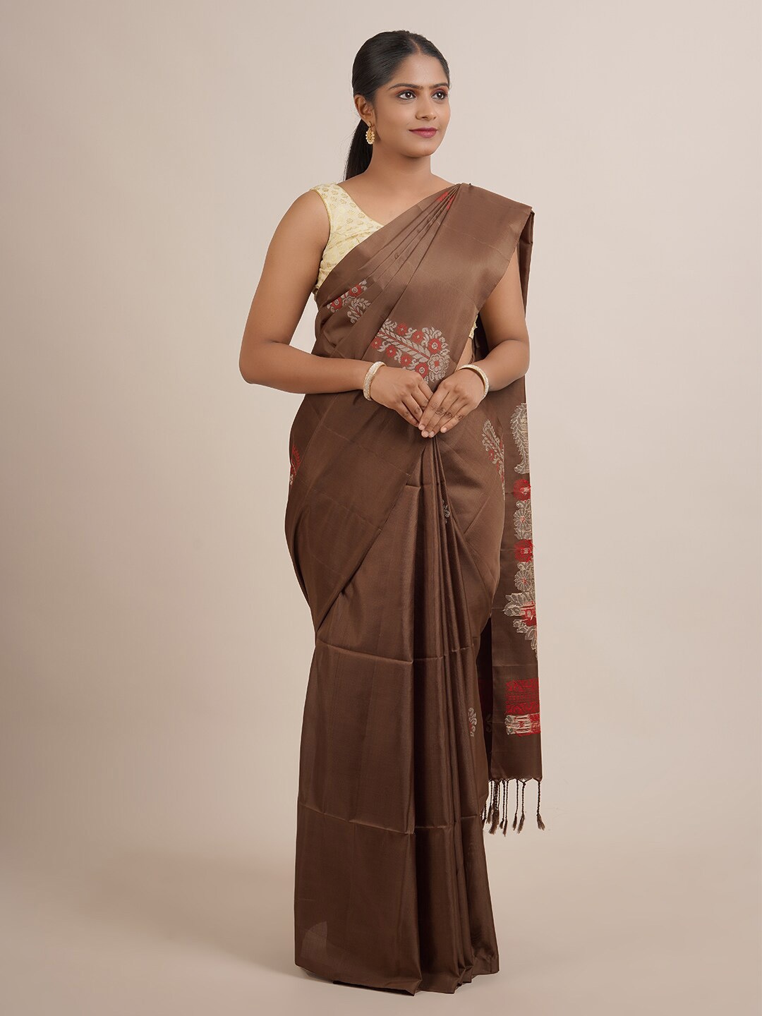 Pothys Coffee Brown & Red Floral Pure Silk Saree