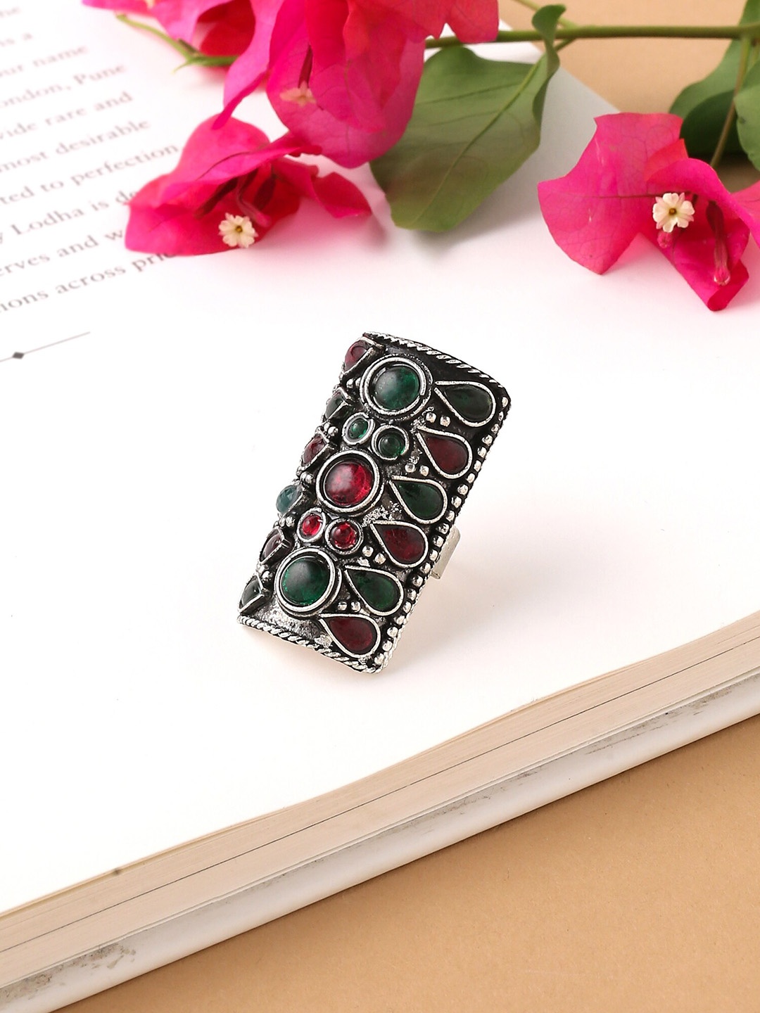 Yellow Chimes Multicolored Silver-Plated Oxidised Stoned Studded Cylindrical Shape Ring, Multi
Yellow Chimes Multicolored Silver-Plated Oxidised Stoned Studded Cylindrical Shape Ring, Multi