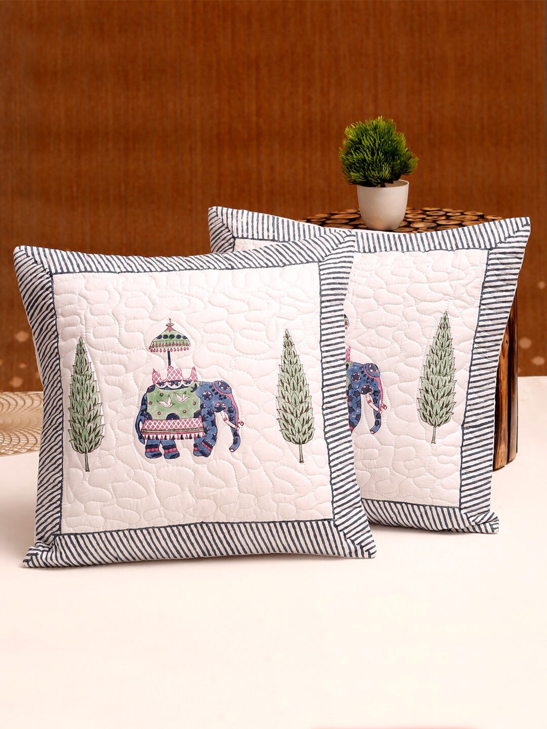 Rajasthan Decor White & Grey Set of 2 Ethnic Motifs Square Cushion Cotton Covers