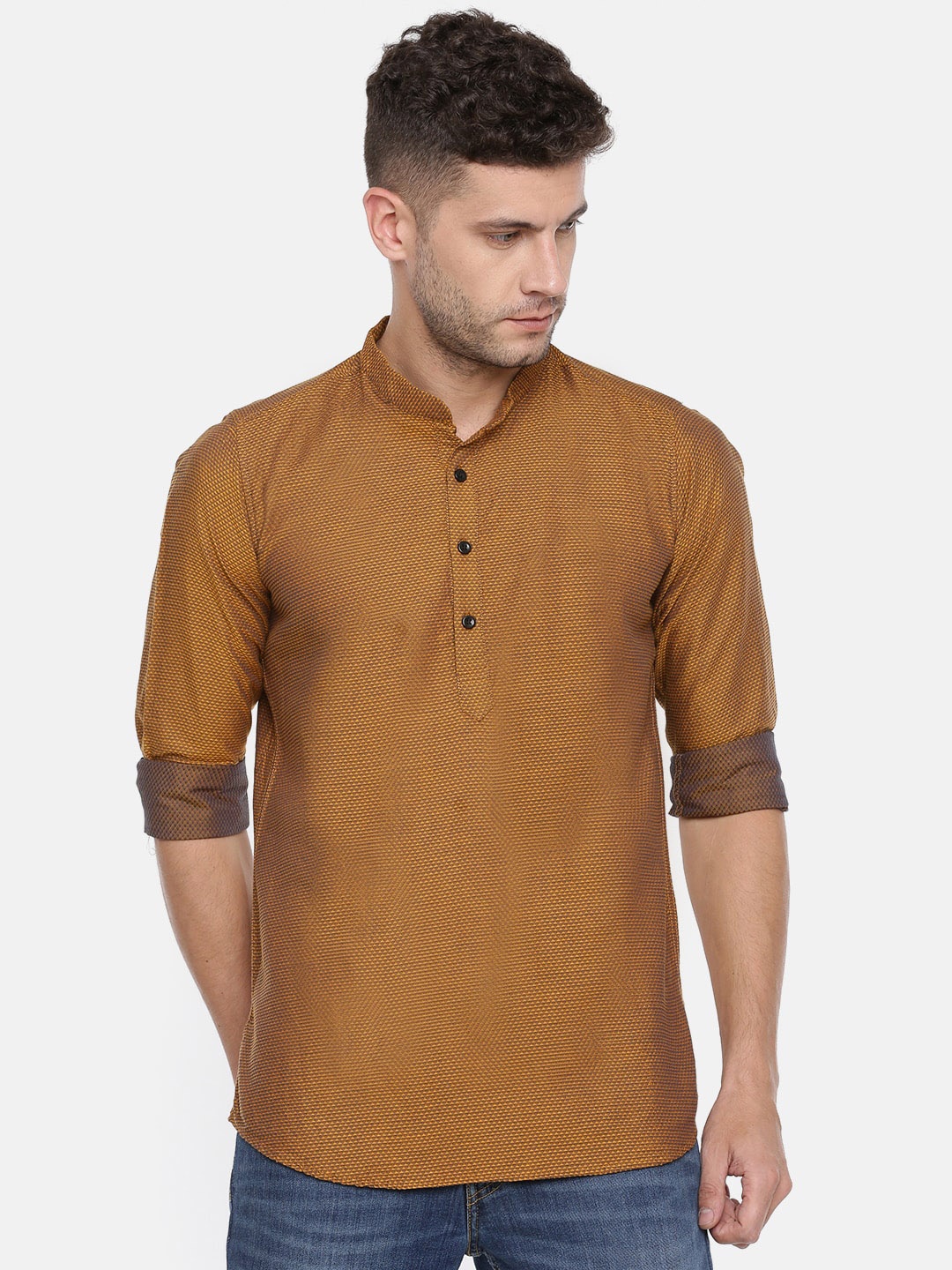 Cross Court Men Gold-Toned Cotton Solid Pattern Dobby Short Kurta