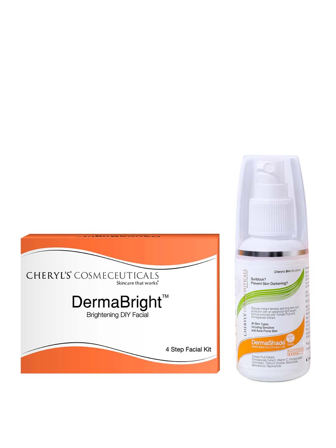 Cheryls Cosmeceuticals DermaBright Facial Kit & DermaShade SPF 30 Sunscreen Spray 50 ml, White
Cheryls Cosmeceuticals DermaBright Facial Kit & DermaShade SPF 30 Sunscreen Spray 50 ml, White