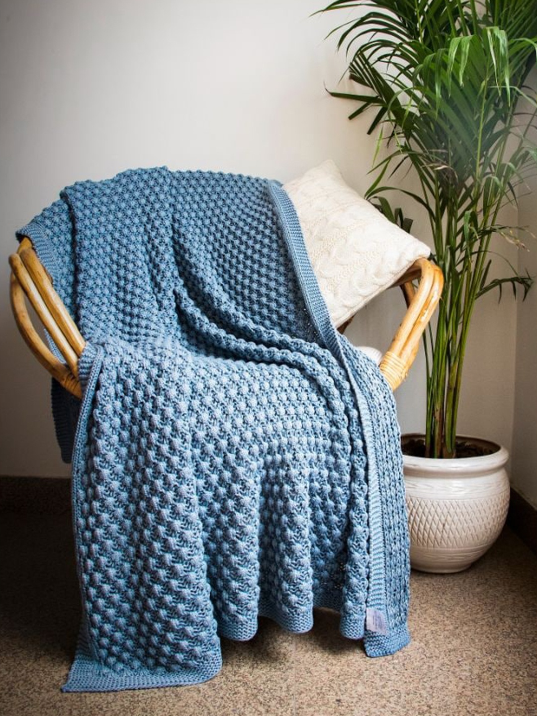 Pluchi Blue Self-Design Combed Cotton Throw