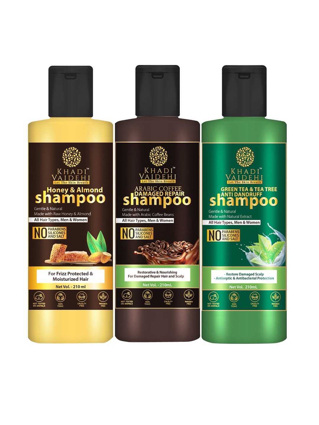 Khadi Vaidehi Honey & Almond+Arabic Coffee+Green Tea & Tea Tree Shampoo - 210 ml Each, Yellow
Khadi Vaidehi Honey & Almond+Arabic Coffee+Green Tea & Tea Tree Shampoo - 210 ml Each, Yellow