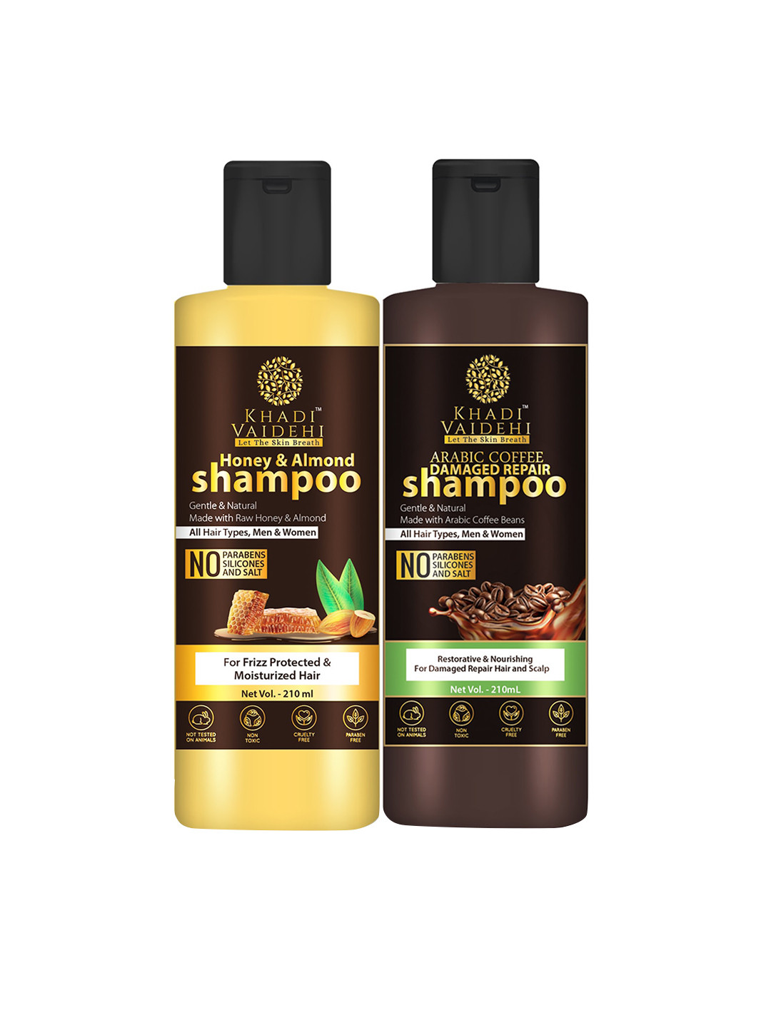 Khadi Vaidehi Set of Honey & Almond + Arabic Coffee Shampoo - 210 ml Each, Yellow
Khadi Vaidehi Set of Honey & Almond + Arabic Coffee Shampoo - 210 ml Each, Yellow