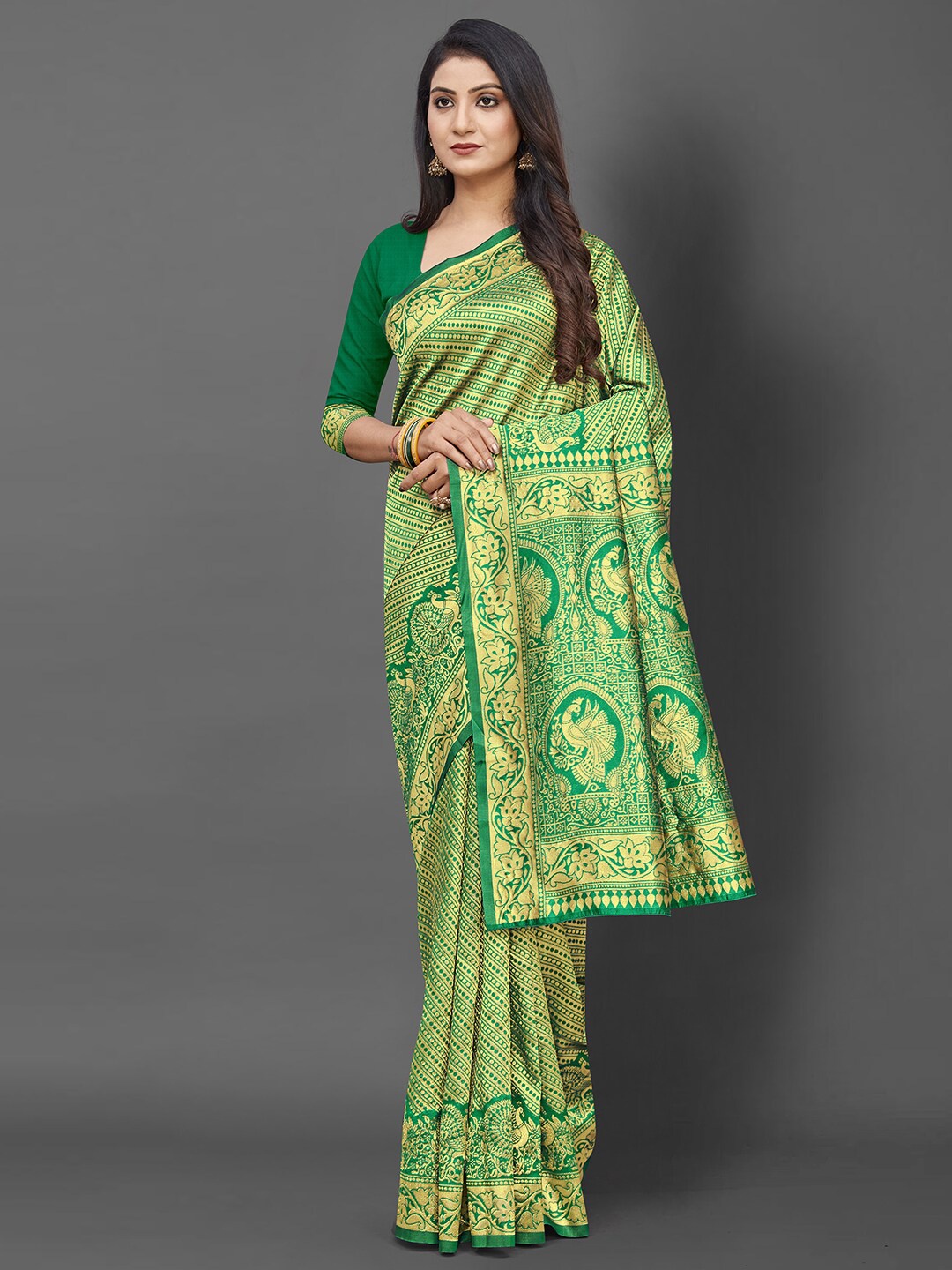 KALINI Green & Gold-Toned Ethnic Motifs Silk Blend Banarasi Saree with Matching Blouse
KALINI Green & Gold-Toned Ethnic Motifs Silk Blend Banarasi Saree with Matching Blouse