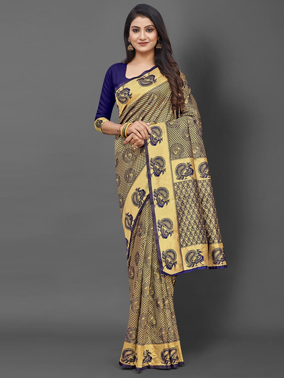 KALINI Navy Blue & Gold-Toned Ethnic Motifs Silk Blend Banarasi Saree with Matching Blouse
KALINI Navy Blue & Gold-Toned Ethnic Motifs Silk Blend Banarasi Saree with Matching Blouse