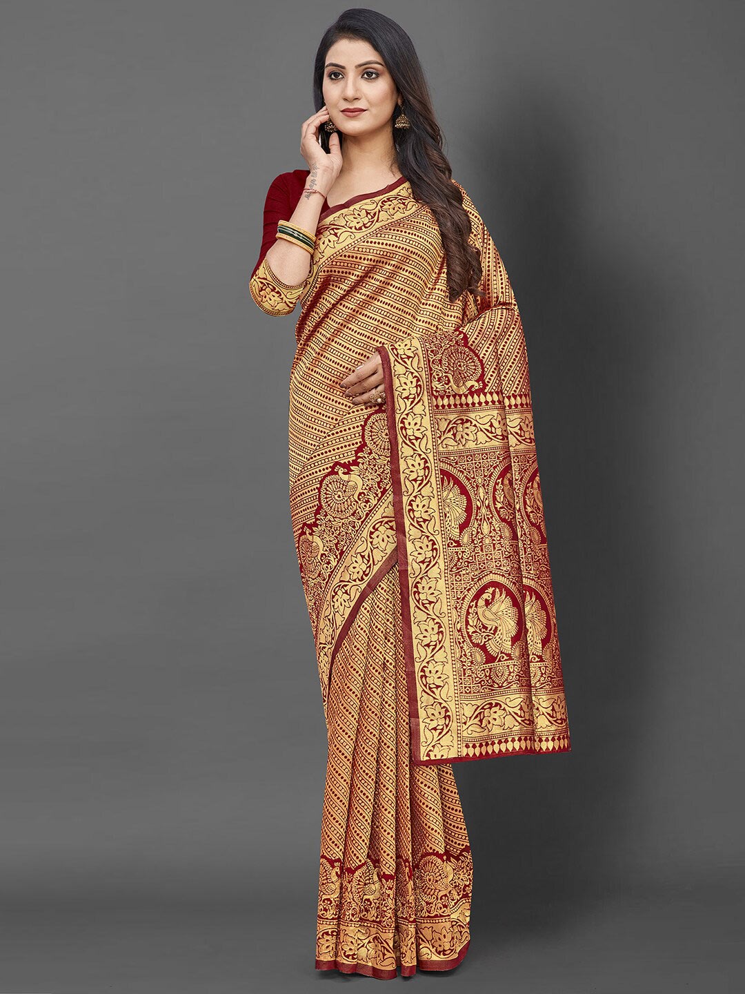 KALINI Maroon & Gold-Toned Woven Design Silk Blend Banarasi Saree with Matching Blouse
KALINI Maroon & Gold-Toned Woven Design Silk Blend Banarasi Saree with Matching Blouse