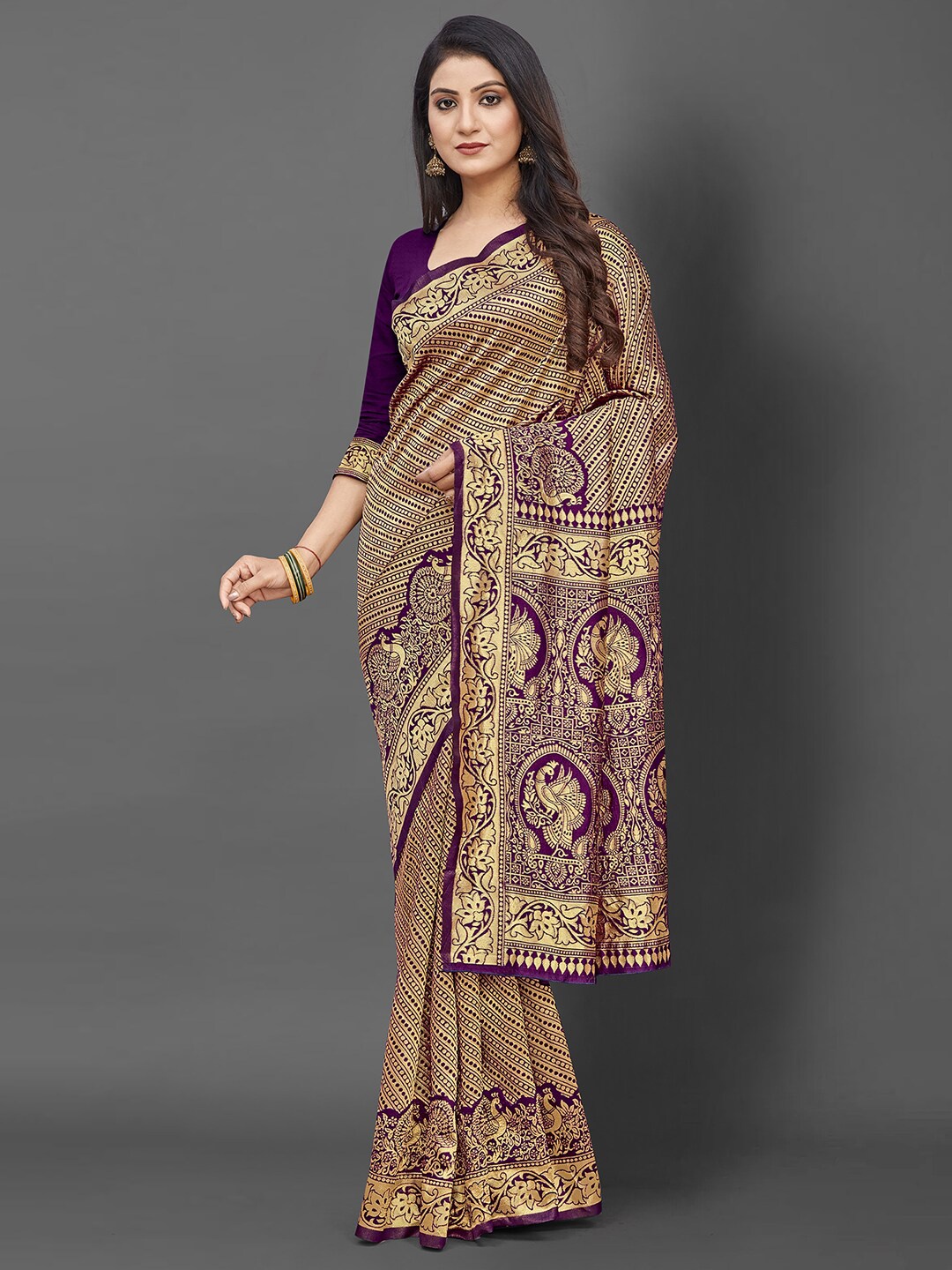 KALINI Purple & Gold-Toned Ethnic Motifs Silk Blend Banarasi Saree with Matching Blouse
KALINI Purple & Gold-Toned Ethnic Motifs Silk Blend Banarasi Saree with Matching Blouse