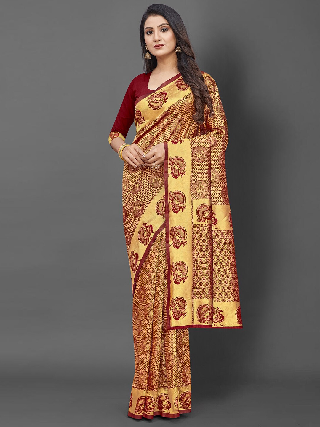 KALINI Maroon & Gold-Toned Ethnic Motifs Silk Blend Banarasi Saree with Matching Blouse
KALINI Maroon & Gold-Toned Ethnic Motifs Silk Blend Banarasi Saree with Matching Blouse