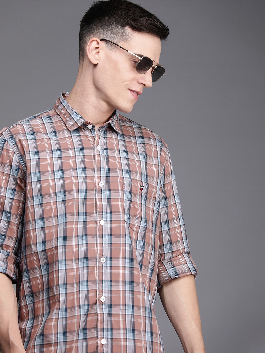 Louis Philippe Jeans Men Pink Slim Fit Tartan Checked Pure Cotton Casual Shirt