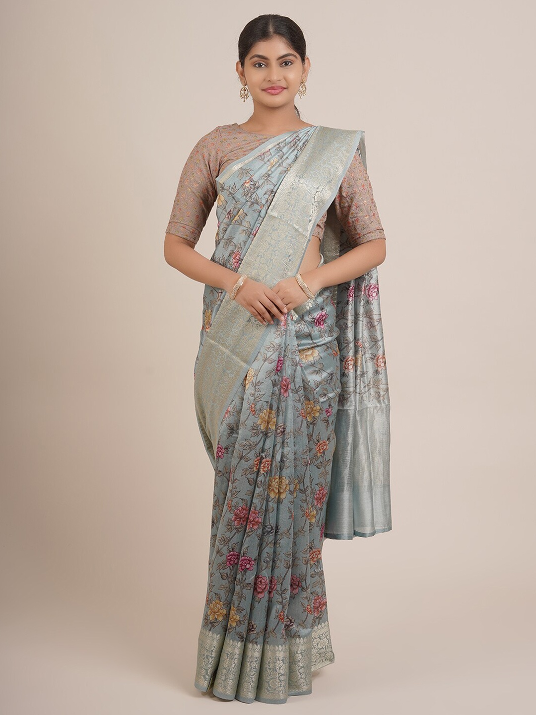 Pothys Blue And Silver Toned Floral Print Zari Pure Silk Saree