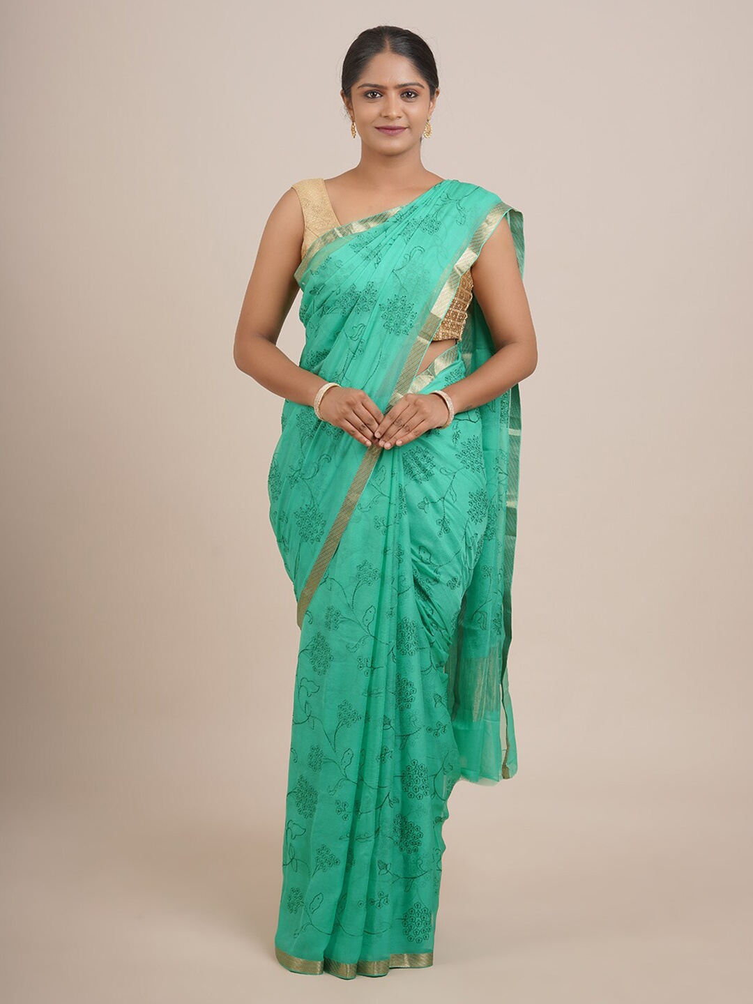 Pothys Green Floral Beads and Stones Pure Chiffon Saree