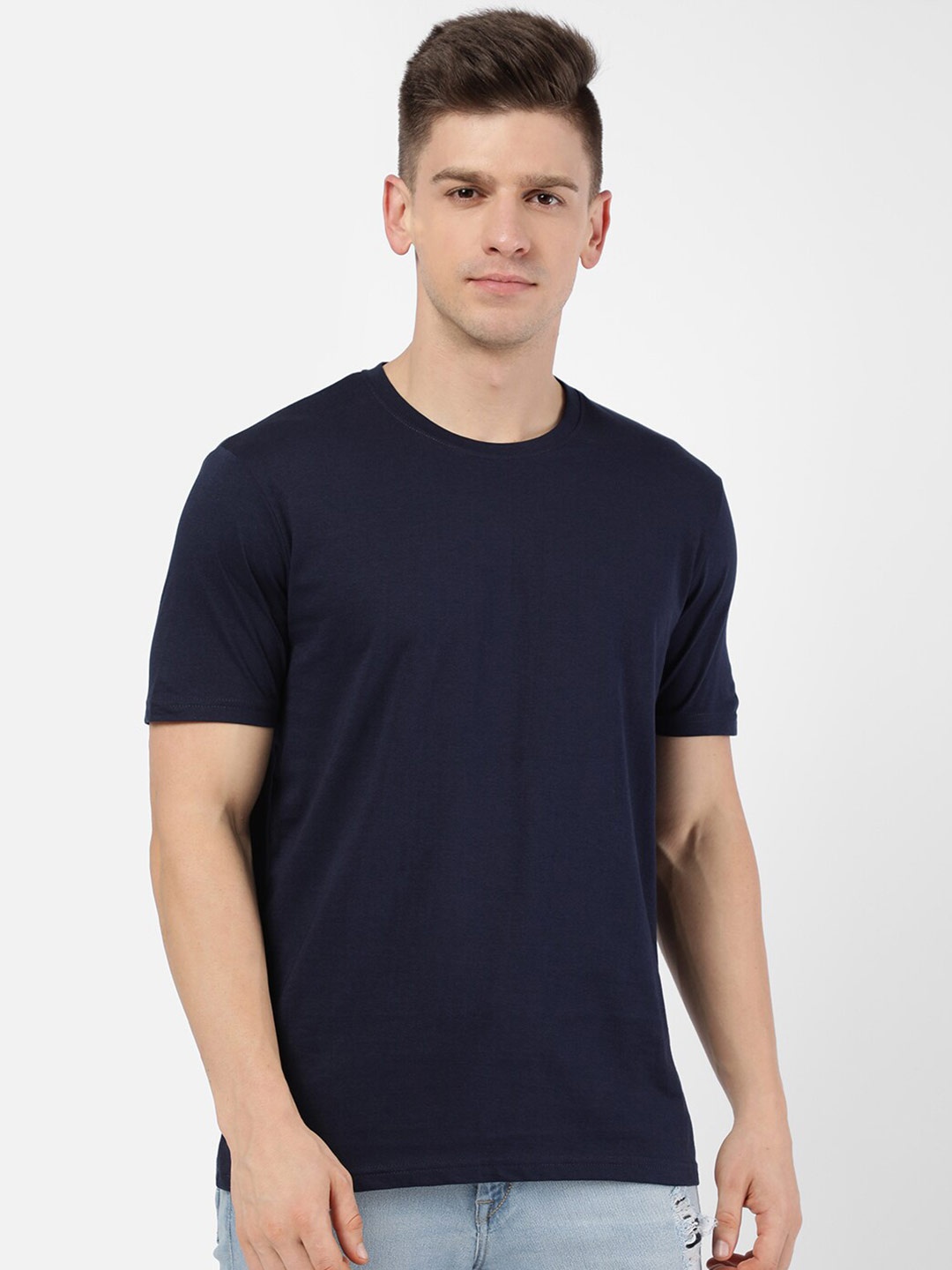 R&B Men Blue Solid Round Neck Short Sleeves T-shirt