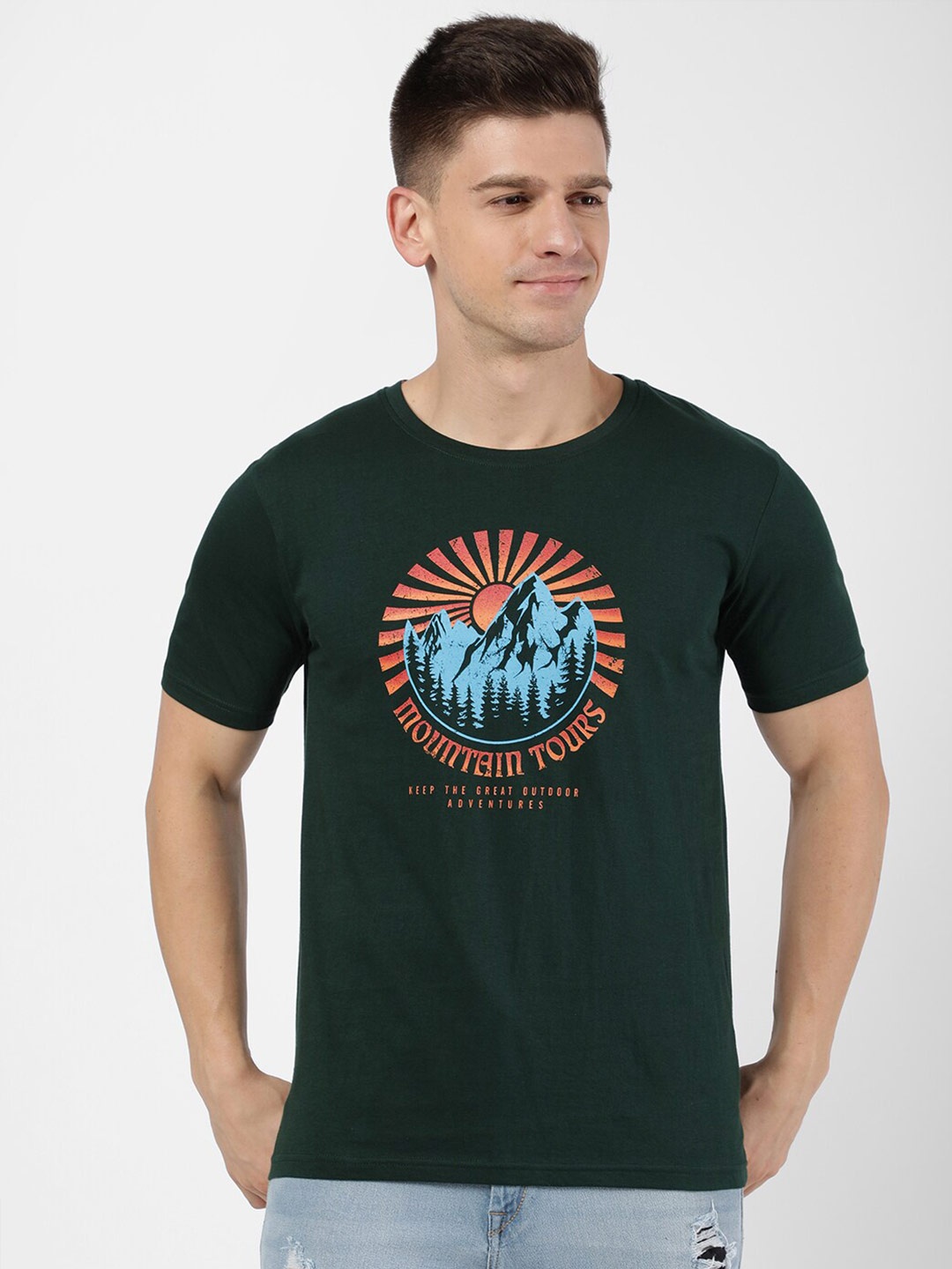 R&B Men Green & Blue Typography Printed T-shirt