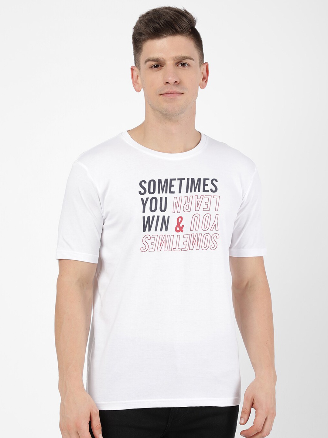 R&B Men White Typography Printed T-shirt