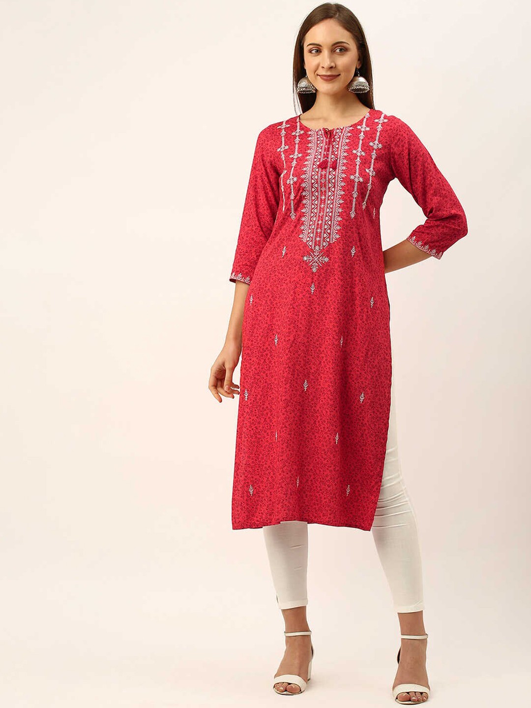 ZOLA Women Red Geometric Keyhole Neck Flared Sleeves Mirror Work Kurta