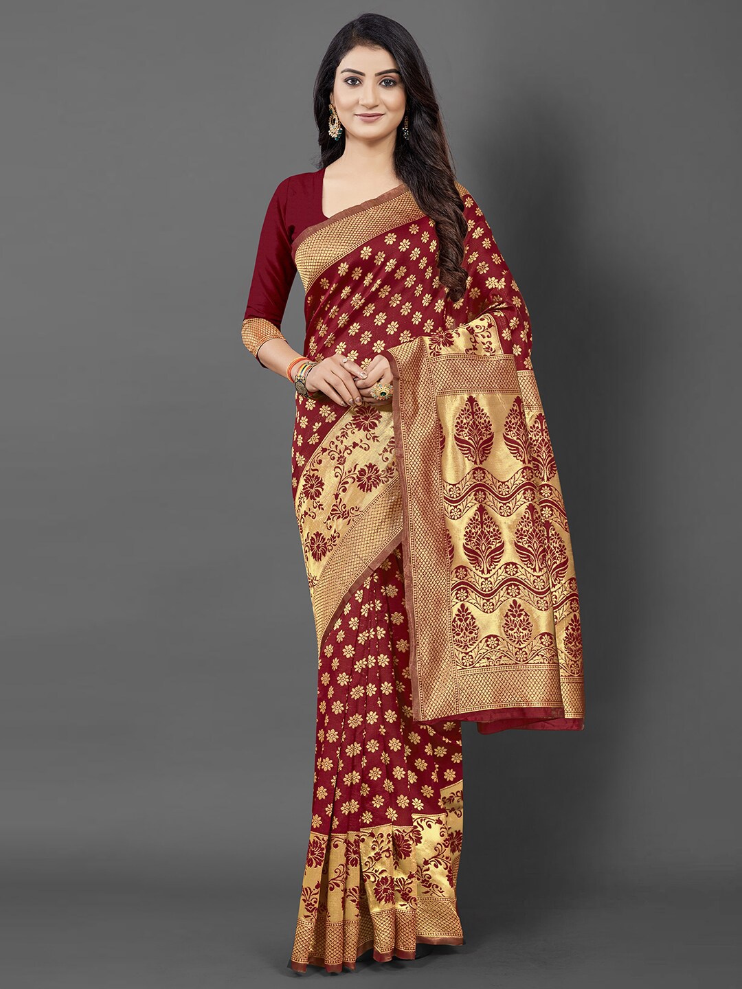 KALINI Maroon & Gold-Toned Woven Design Silk Blend Banarasi Saree with Matching Blouse
KALINI Maroon & Gold-Toned Woven Design Silk Blend Banarasi Saree with Matching Blouse