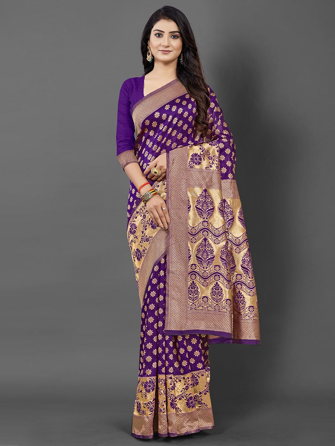 KALINI Purple & Gold-Toned Woven Design Silk Blend Banarasi Saree with Matching Blouse
KALINI Purple & Gold-Toned Woven Design Silk Blend Banarasi Saree with Matching Blouse
