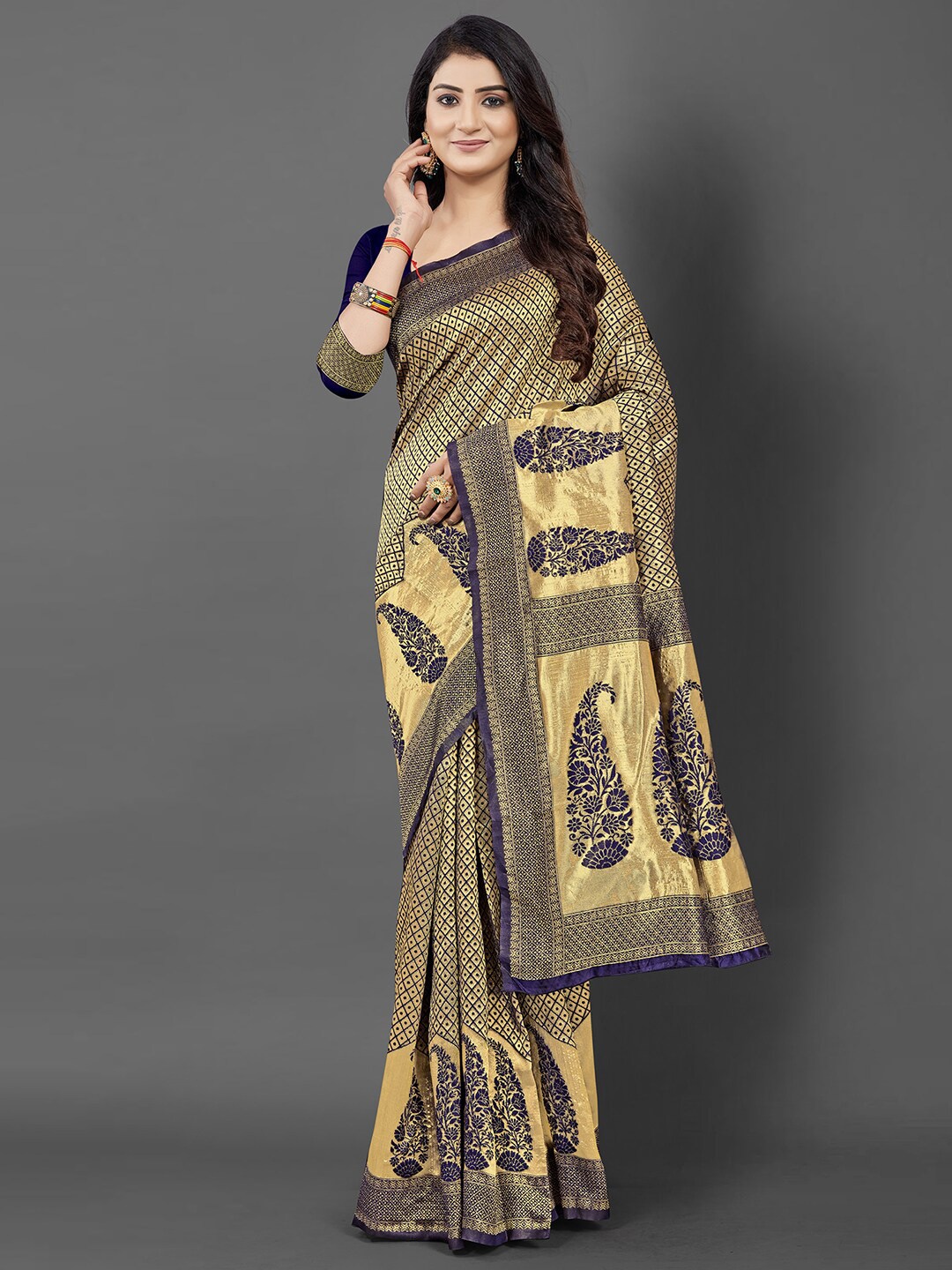 KALINI Navy Blue & Gold-Toned Ethnic Motifs Zari Silk Blend Saree