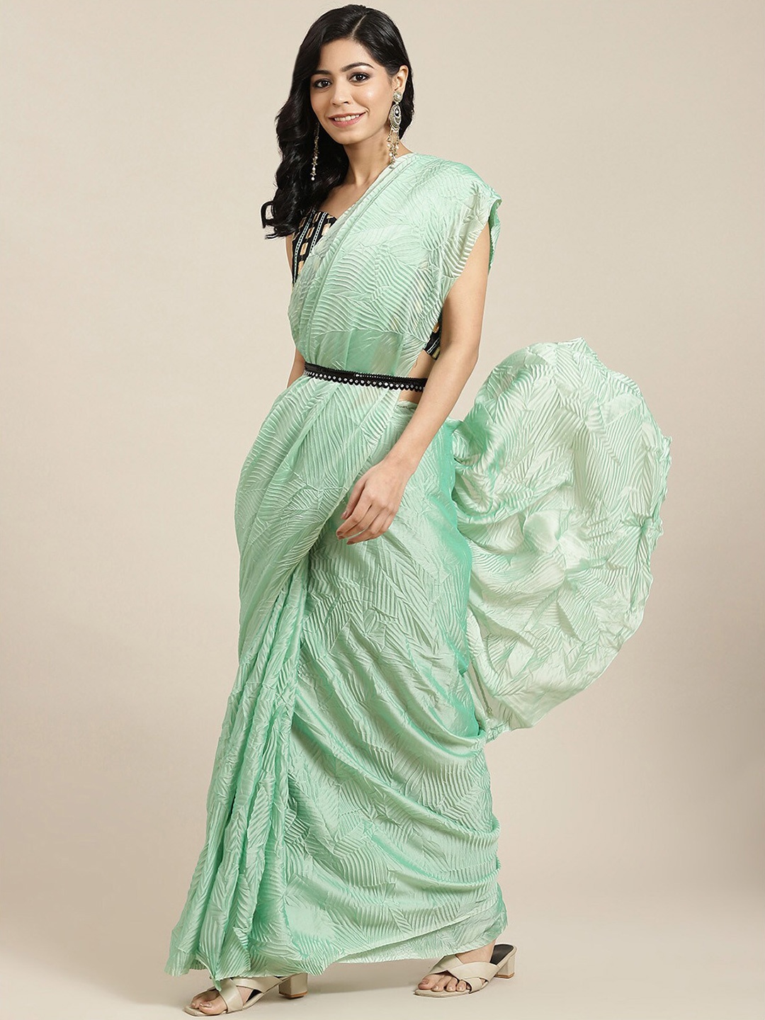 ODETTE Green Poly Georgette Solid Saree