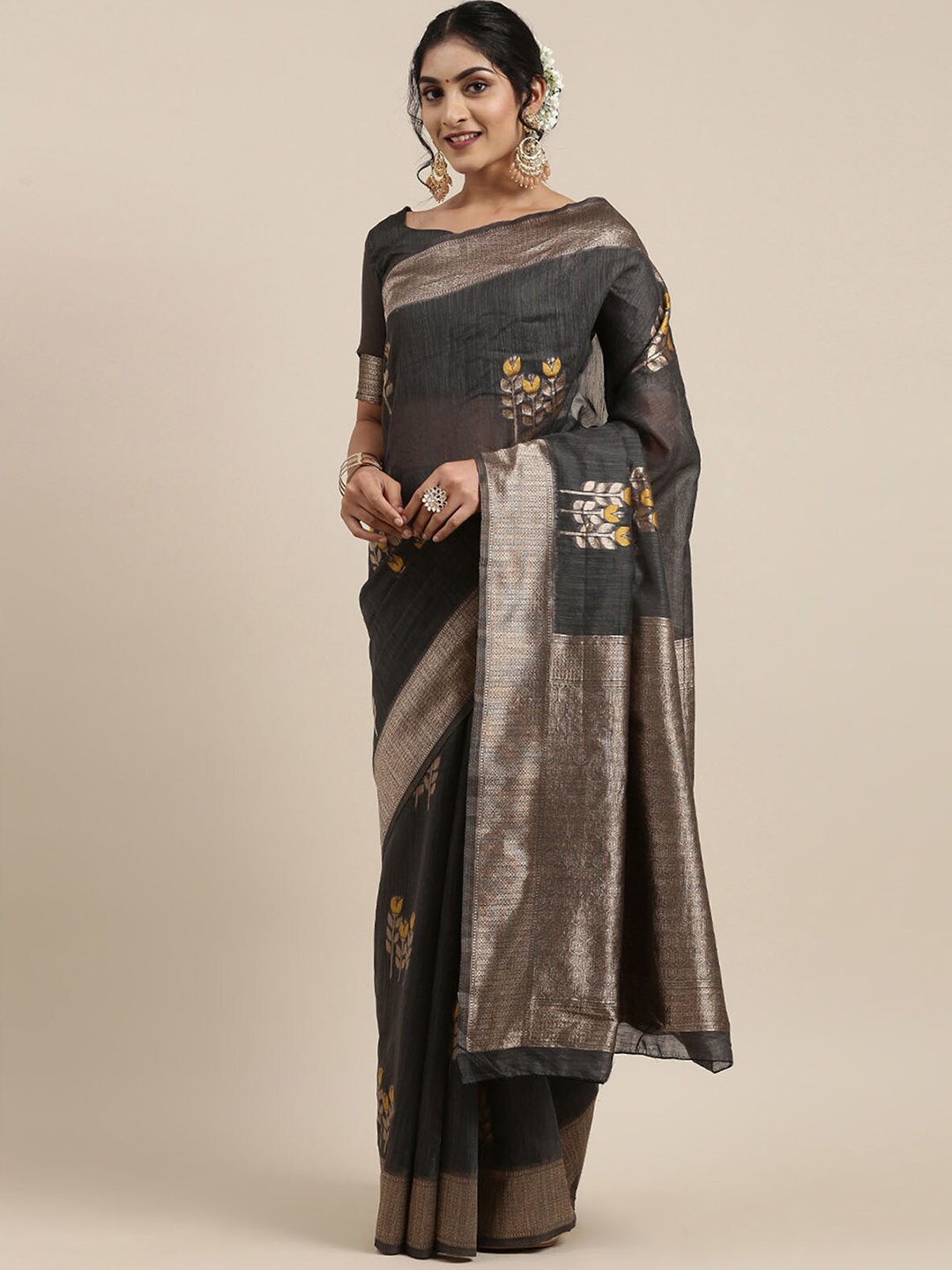 ODETTE Grey & Gold-Toned Floral Zari Linen Blend Saree