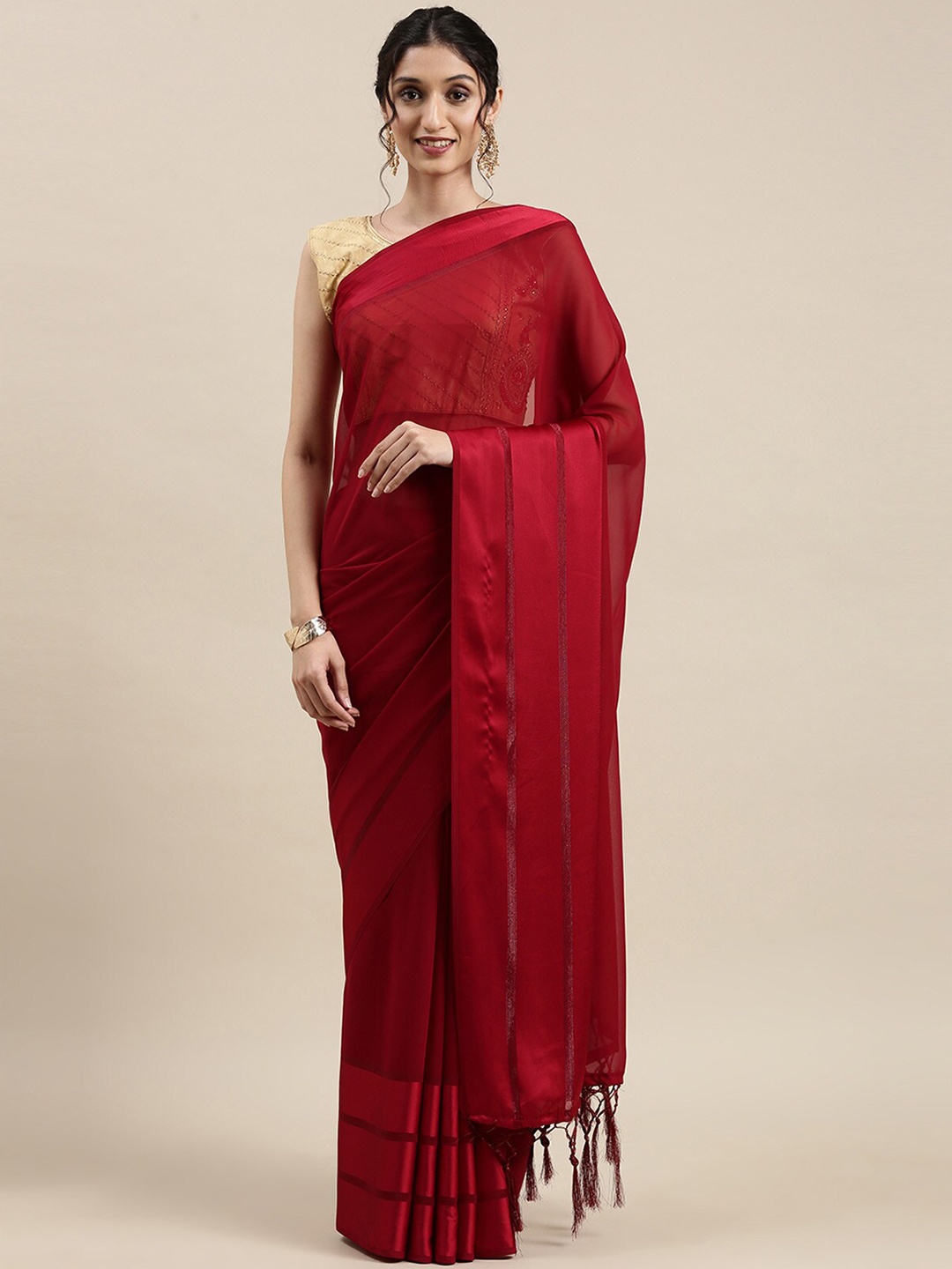 ODETTE Red Striped Saree
