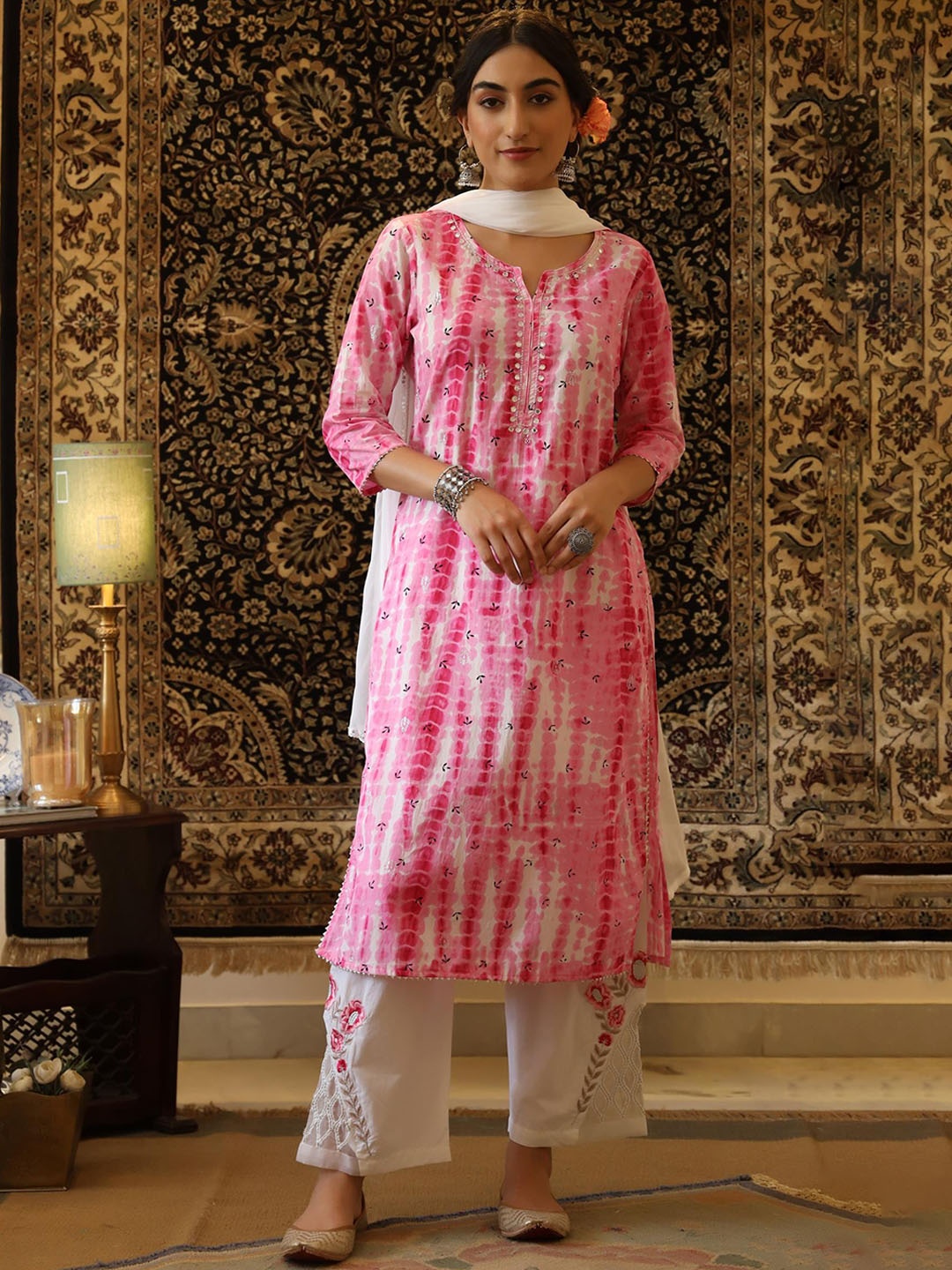 SCAKHI Women Printed Mirror Work Pure Cotton Straight Kurta with Trousers & With Dupatta, Pink
SCAKHI Women Printed Mirror Work Pure Cotton Straight Kurta with Trousers & With Dupatta, Pink