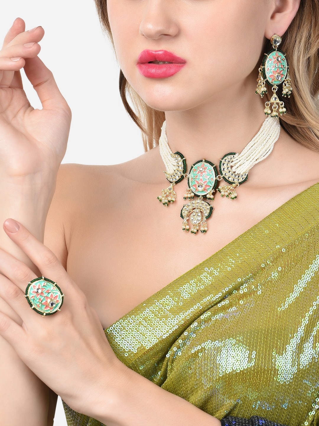 Zaveri Pearls Green & Peach Meenakari Pearls Floral Choker Necklace Earring & Ring Set, Gold
Zaveri Pearls Green & Peach Meenakari Pearls Floral Choker Necklace Earring & Ring Set, Gold