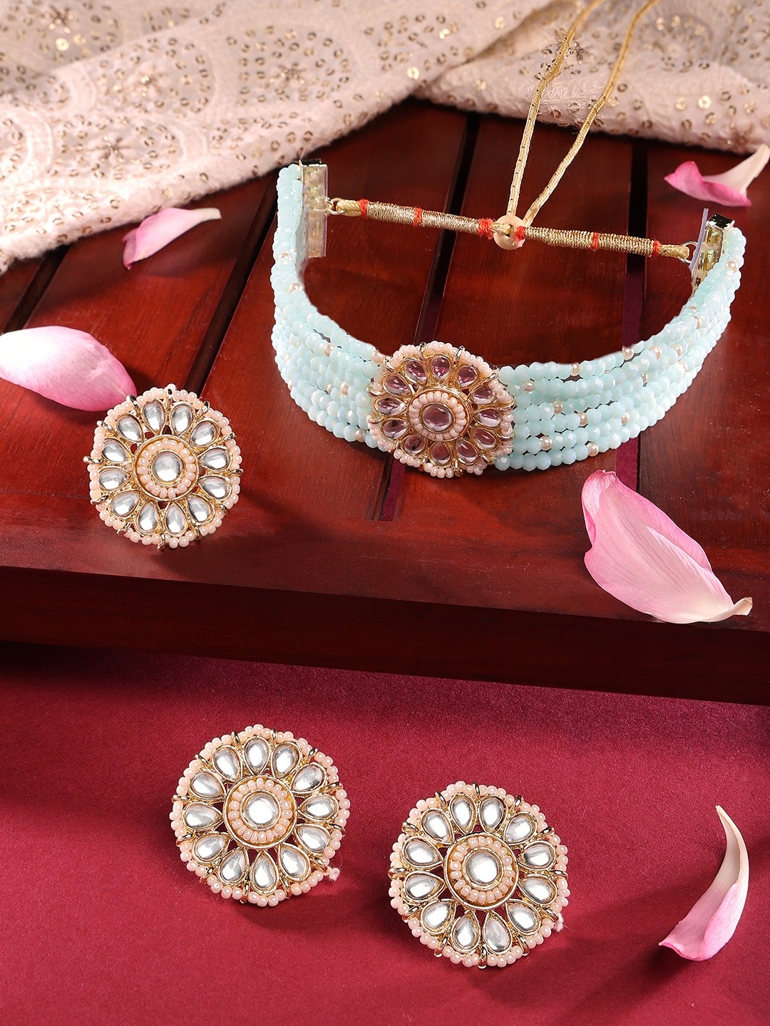 Zaveri Pearls Turquoise Blue Crystals Beaded Kundan Choker Necklace Earring & Ring Set, Gold
Zaveri Pearls Turquoise Blue Crystals Beaded Kundan Choker Necklace Earring & Ring Set, Gold