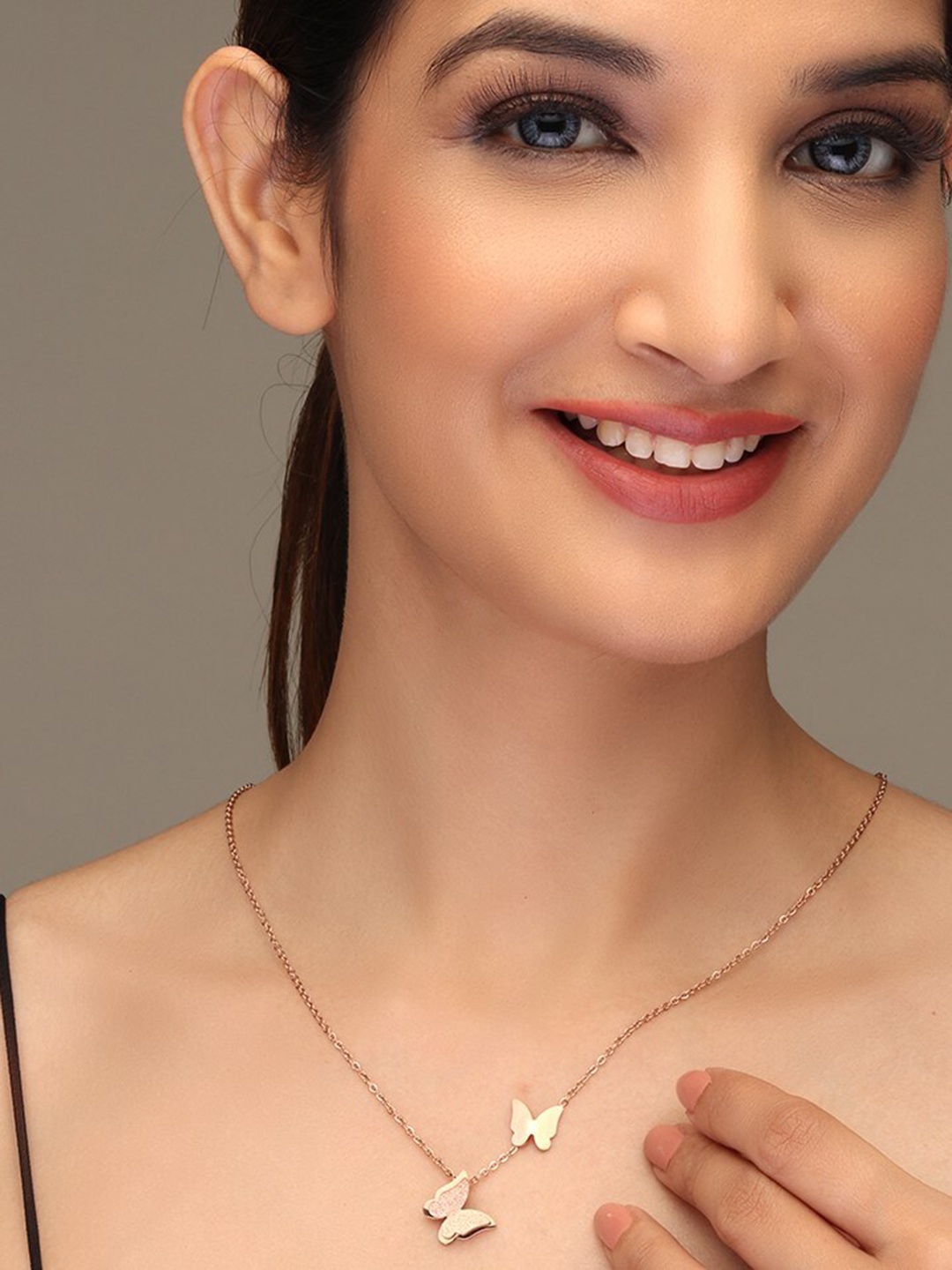 LAIDA Women Rose Gold-Plated AD-Stone Studded Butterfly-Shaped Pendant With Chain
LAIDA Women Rose Gold-Plated AD-Stone Studded Butterfly-Shaped Pendant With Chain