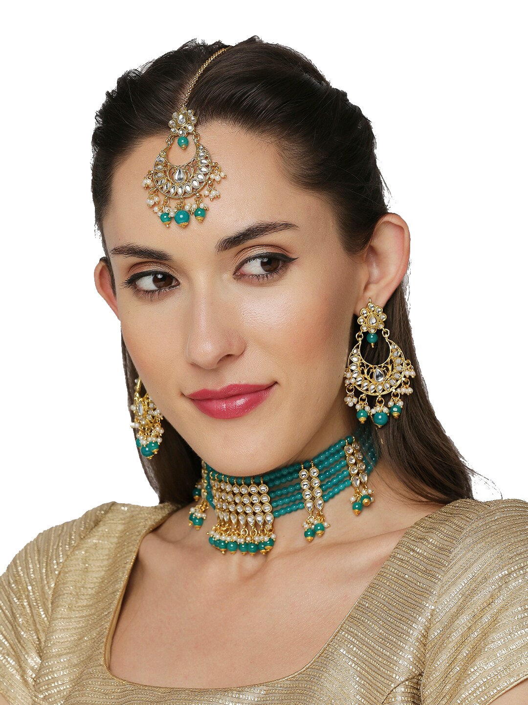 OOMPH Gold-Toned Green and White Kundan Studded and Beaded Jewellery Set and Maangtikka
OOMPH Gold-Toned Green and White Kundan Studded and Beaded Jewellery Set and Maangtikka