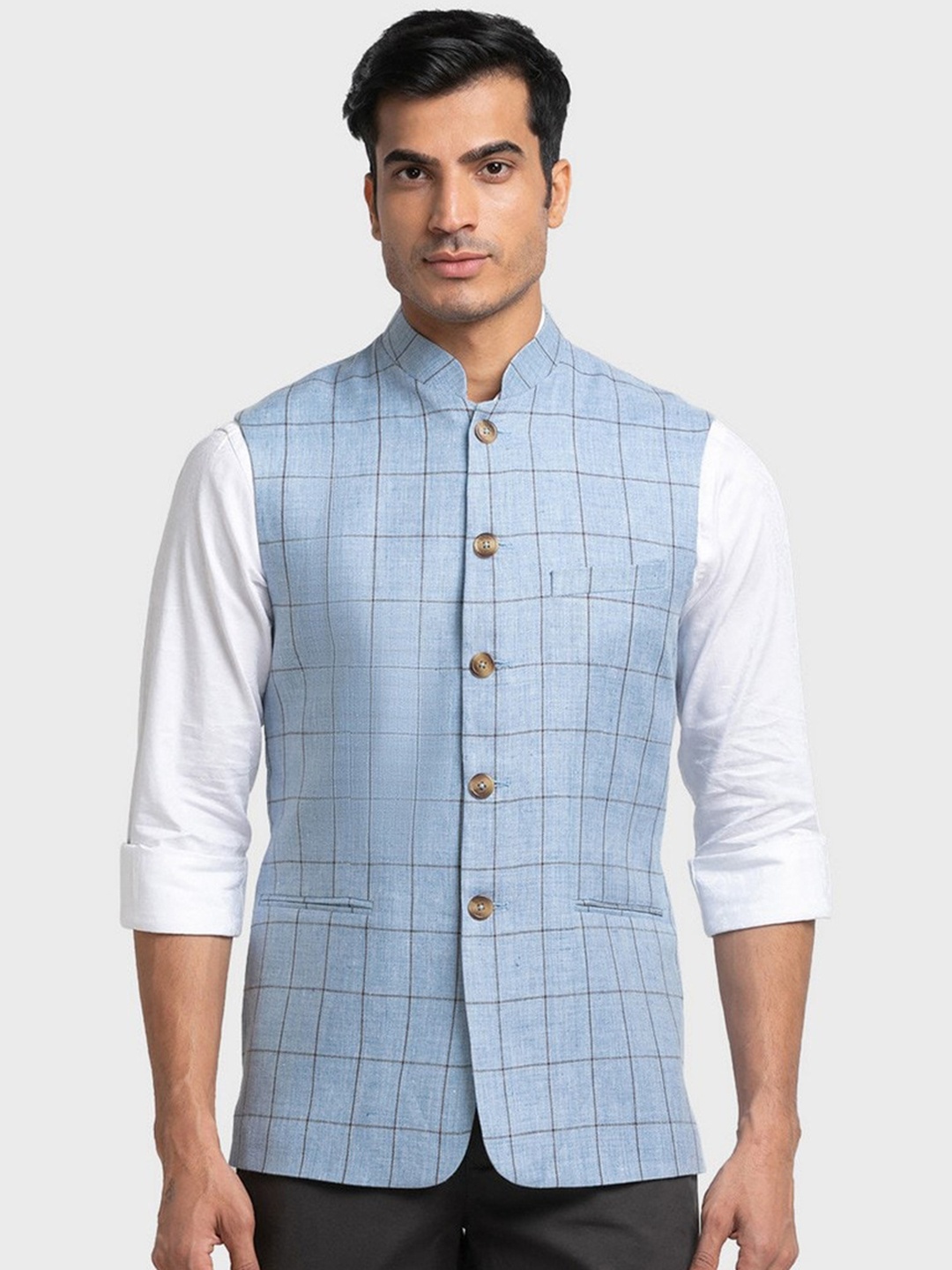 ColorPlus Blue Checked Linen Nehru Jacket