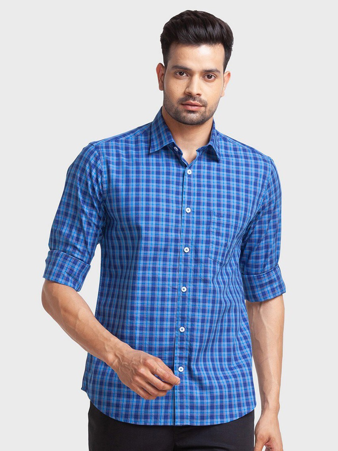 ColorPlus Men Blue Checked Organic Cotton Casual Shirt